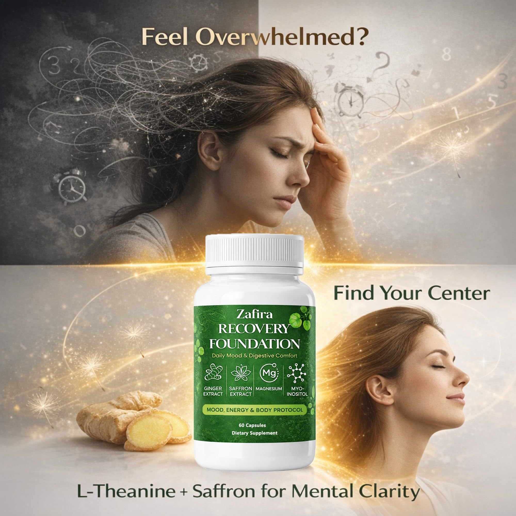 DYDUON Zafira Recovery Foundation Capsules – Mental Clarity, Hair & Mood Support, Natural Herbal Formula with Saffron Extract, Ginger Extract, L-Theanine, Myo-Inositol, Non-GMO, 60 Capsules DYDUON uk supplements