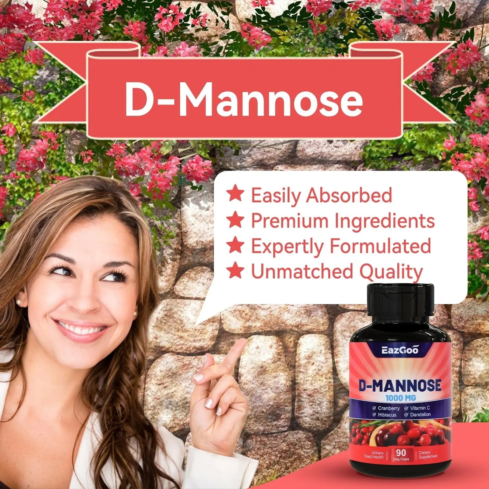 EAZGOO D-Mannose Supplement – 1000mg Capsules with Cranberry, Vitamin C, Hibiscus & Dandelion Extract, Support Urinary Health, D Mannose & Cranberry Capsules, 90 Count(Pack of 2) EAZGOO uk supplements