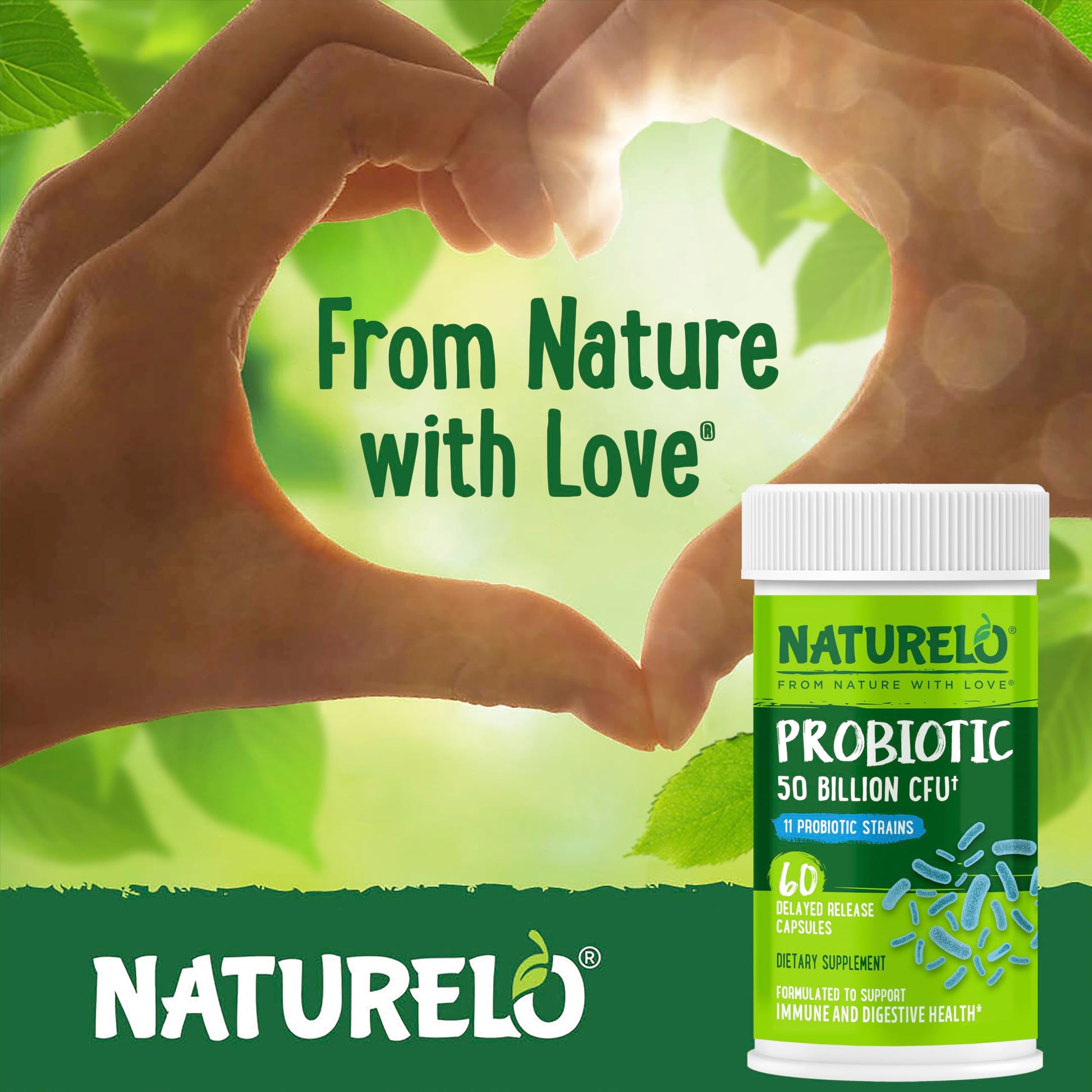 NATURELO Probiotics for Digestive Health, 50 Billion CFU, 60 Vegetarian Capsules, 11 Strains, Daily Use Supplement, Delayed Release, No-Fridge, Boosts Immune System, Probiotics for Women & Men NATURELO uk supplements