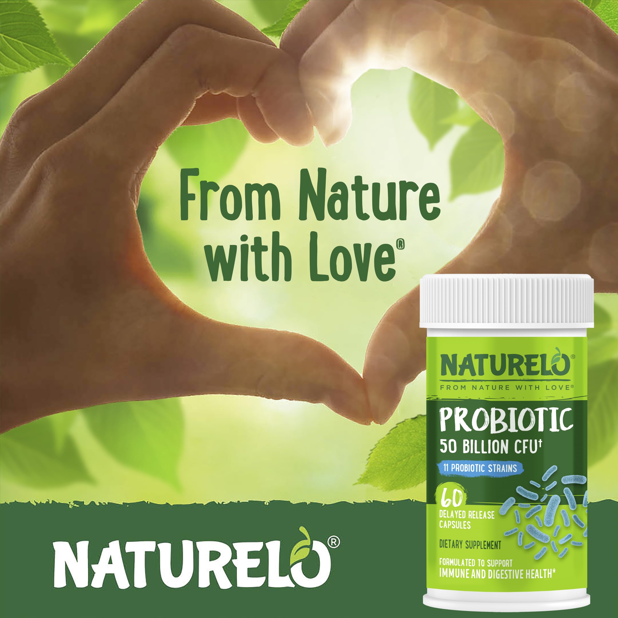 NATURELO Probiotics for Digestive Health, 50 Billion CFU, 60 Vegetarian Capsules, 11 Strains, Daily Use Supplement, Delayed Release, No-Fridge, Boosts Immune System, Probiotics for Women & Men NATURELO uk supplements