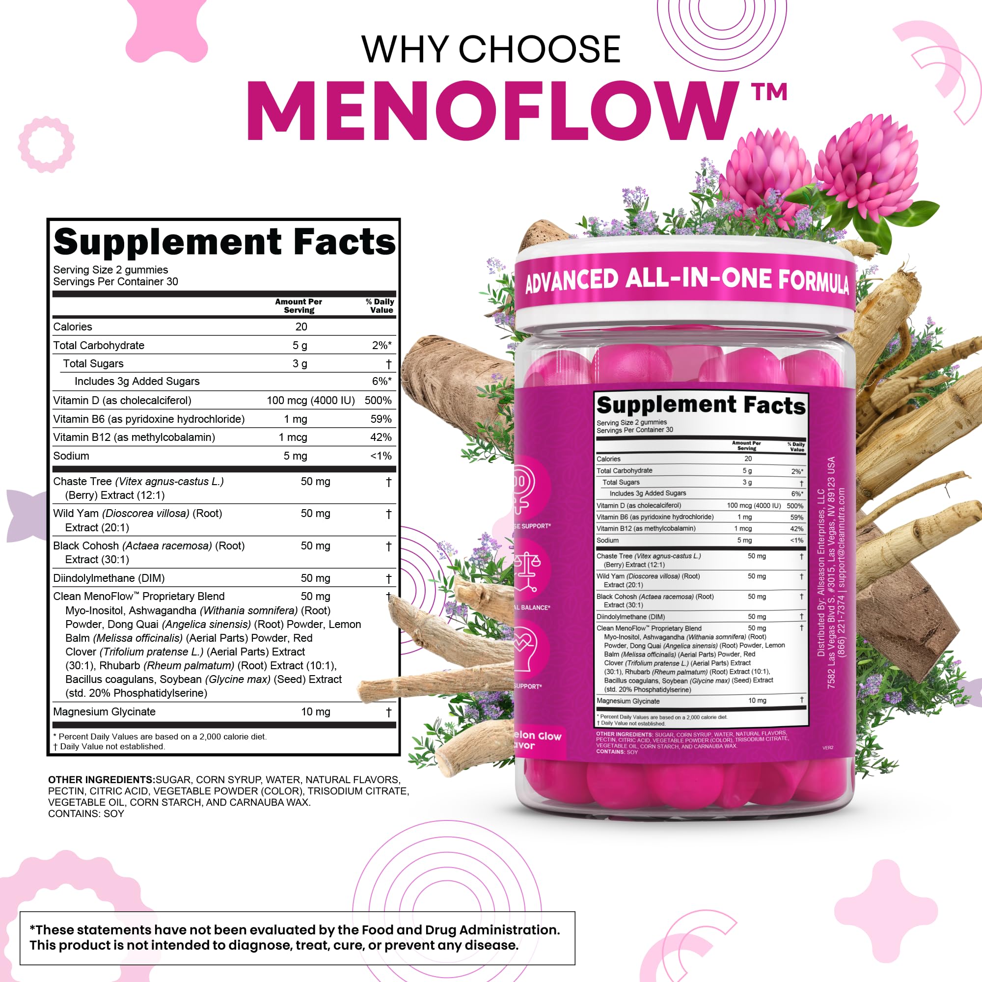Clean Nutra Menopause Supplements for Women Chastberry Wild Yam Gummies Inositol Black Cohosh Magnesium Red Clover DIM Supplement B6 Magnesium Glycinate Glycine Vitex Hormone Balance Gummy Vitamins Clean Nutraceuticals uk supplements