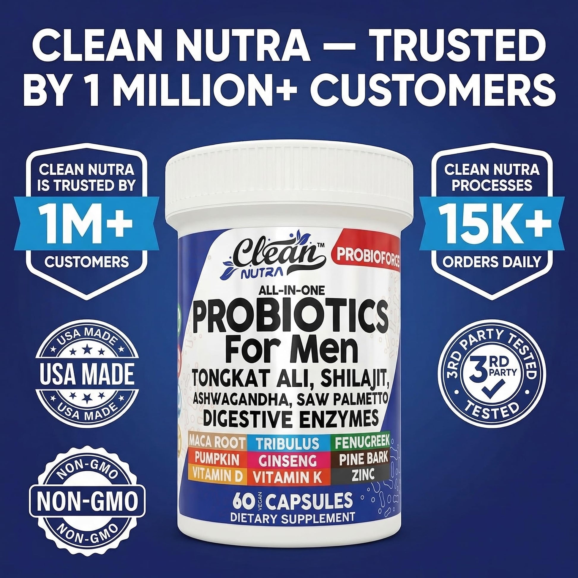 Clean Nutra Probiotics for Men | Tongkat Ali, Saw Palmetto, Tribulus, Ginseng, Ashwagandha, Maca, Pumpkin, Gingko Biloba, Pine Bark, Fenugreek, Shilajit, Zinc - Mens Probiotic 60 Capsules Clean Nutraceuticals uk supplements