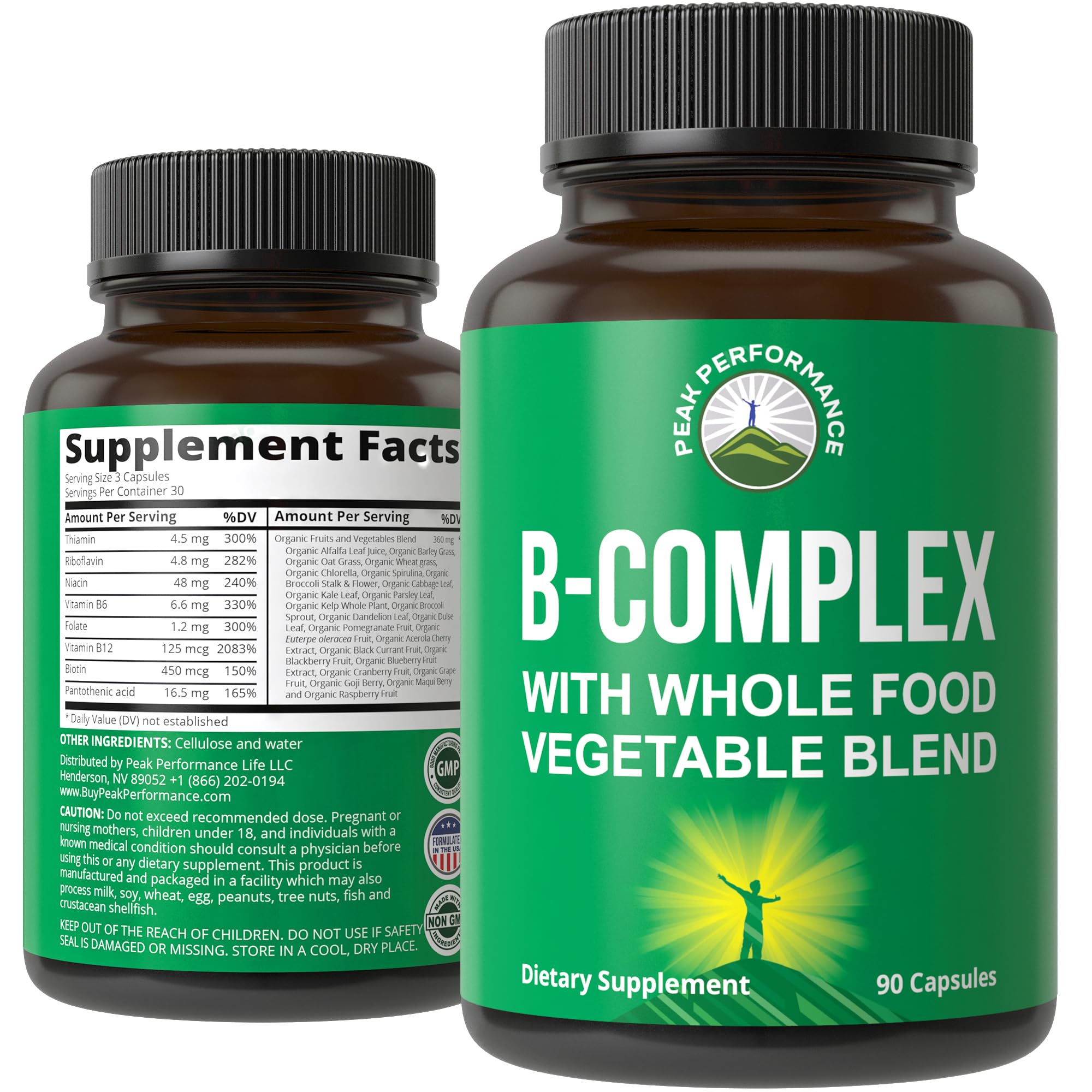 Vitamin B Complex Capsules + Whole Food Blend of 25 Vegetables and Fruits for Max Absorption. Best Vegan B-Complex Supplement with Vitamin B1, B2, B3, B5, B6, B7, B9 and B12. 90 Capsules. Energy Boost Peak Performance uk supplements