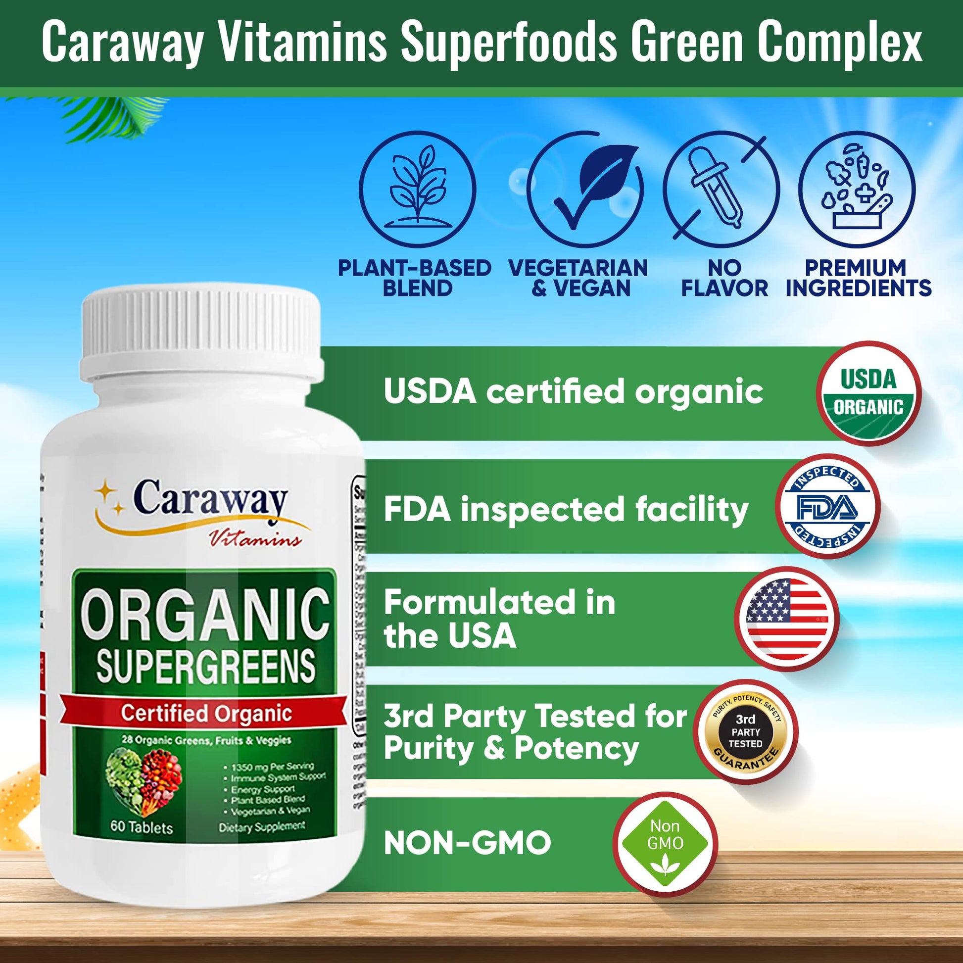 Organic Superfoods Vitamins Super Greens Complex by Caraway Vitamins 1,350 mg per Serving 28 Fruits Vegetables Greens 60 Count Tablets Non-GMO Natural for Men & Women Caraway Vitamins uk supplements