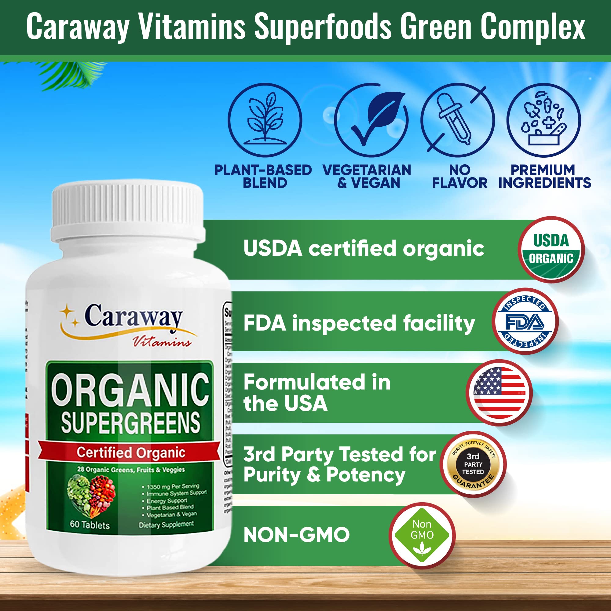 Organic Superfoods Vitamins Super Greens Complex by Caraway Vitamins 1,350 mg per Serving 28 Fruits Vegetables Greens 60 Count Tablets Non-GMO Natural for Men & Women Caraway Vitamins uk supplements