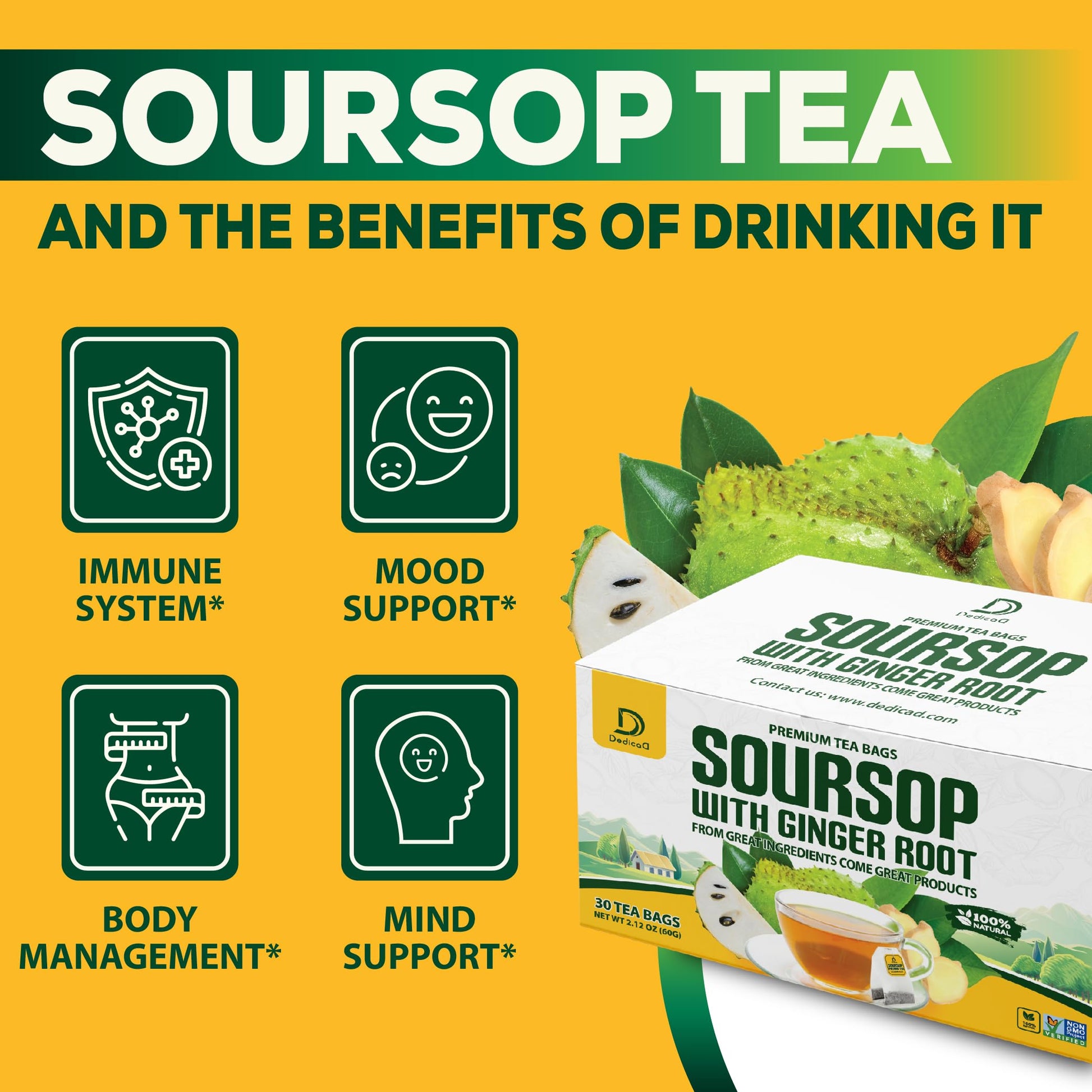 DEDICAD Soursop Leaves Tea Bags with Ginger, 30 Tea bags, 2gr/bag - Non-GMO/Caffeine free - Support Digestion, Well Skin, Immune System DEDICAD uk supplements