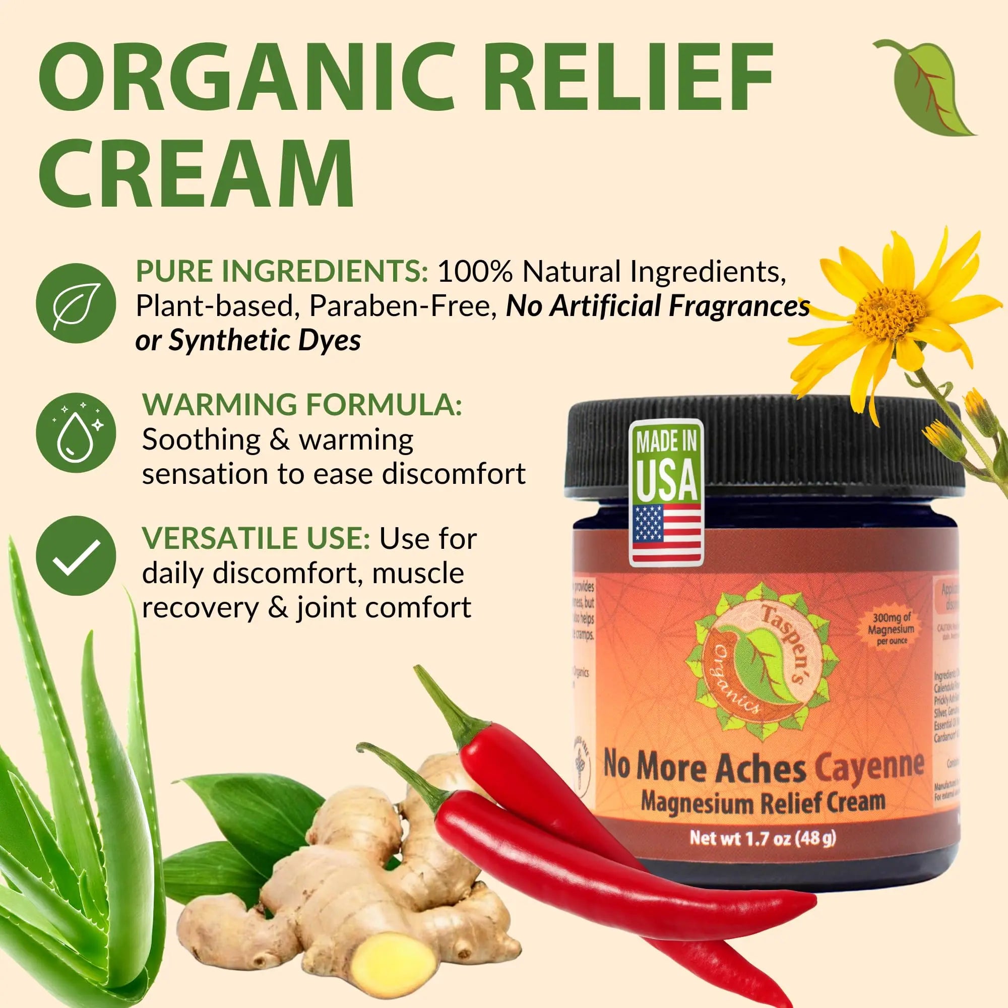 Taspen's Organics Magnesium No More Aches Cayenne Relief Cream – Pain, Tension & Nerve Comfort – Muscle Relief – Warming with Cayenne, Ginger, Arnica & St. John's Wort – Topical Fast Relief (1.7 oz) Taspen's Organics uk supplements