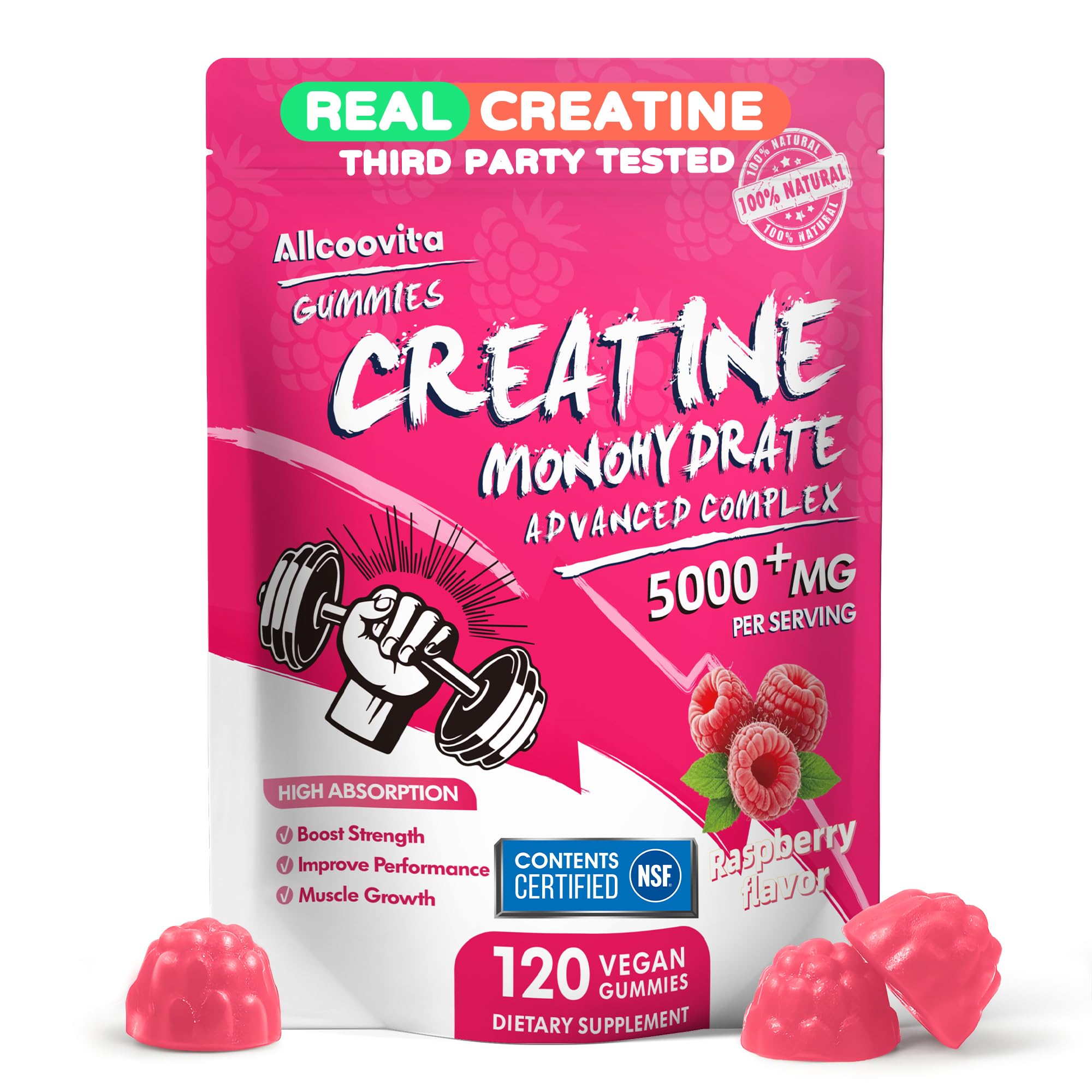 NSF Certified Creatine Gummy - Creatine Monohydrate Gummies 5000mg for Men & Women -120 Gummies Advanced Formula, Muscle Strength, Muscle Builder, Energy Boost, Pre-Workout Supplement-Raspberry Allcoovita uk supplements