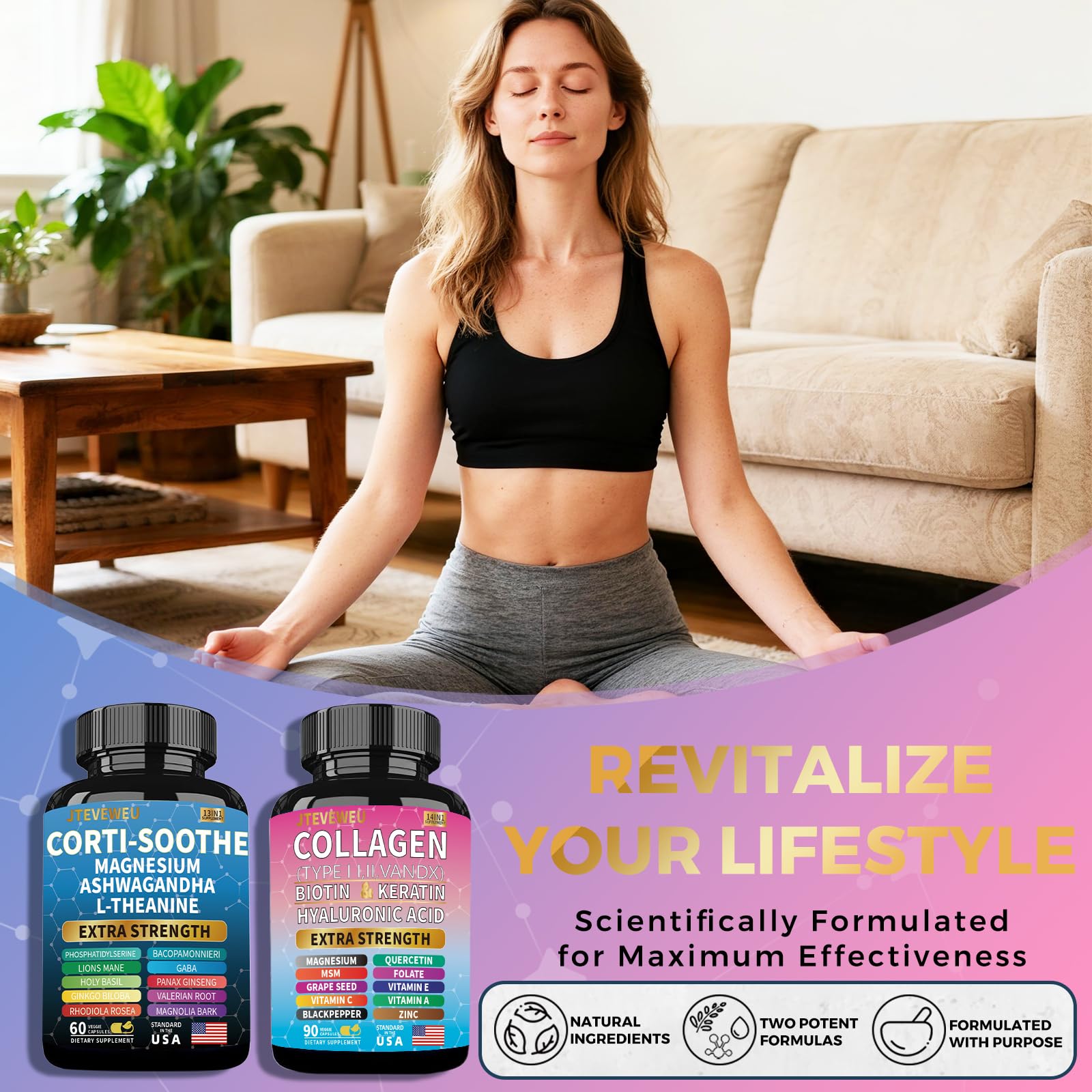 JTEVEweu Shining Serenity Set, Cortisol Support with Ashwagandha, L-Theanine, Magnesium, Lions Mane, GABA, Bacopa Monnieri, Collagen Biotin, Keratin, Hyaluronic Acid, Quercetin JTEVEweu uk supplements