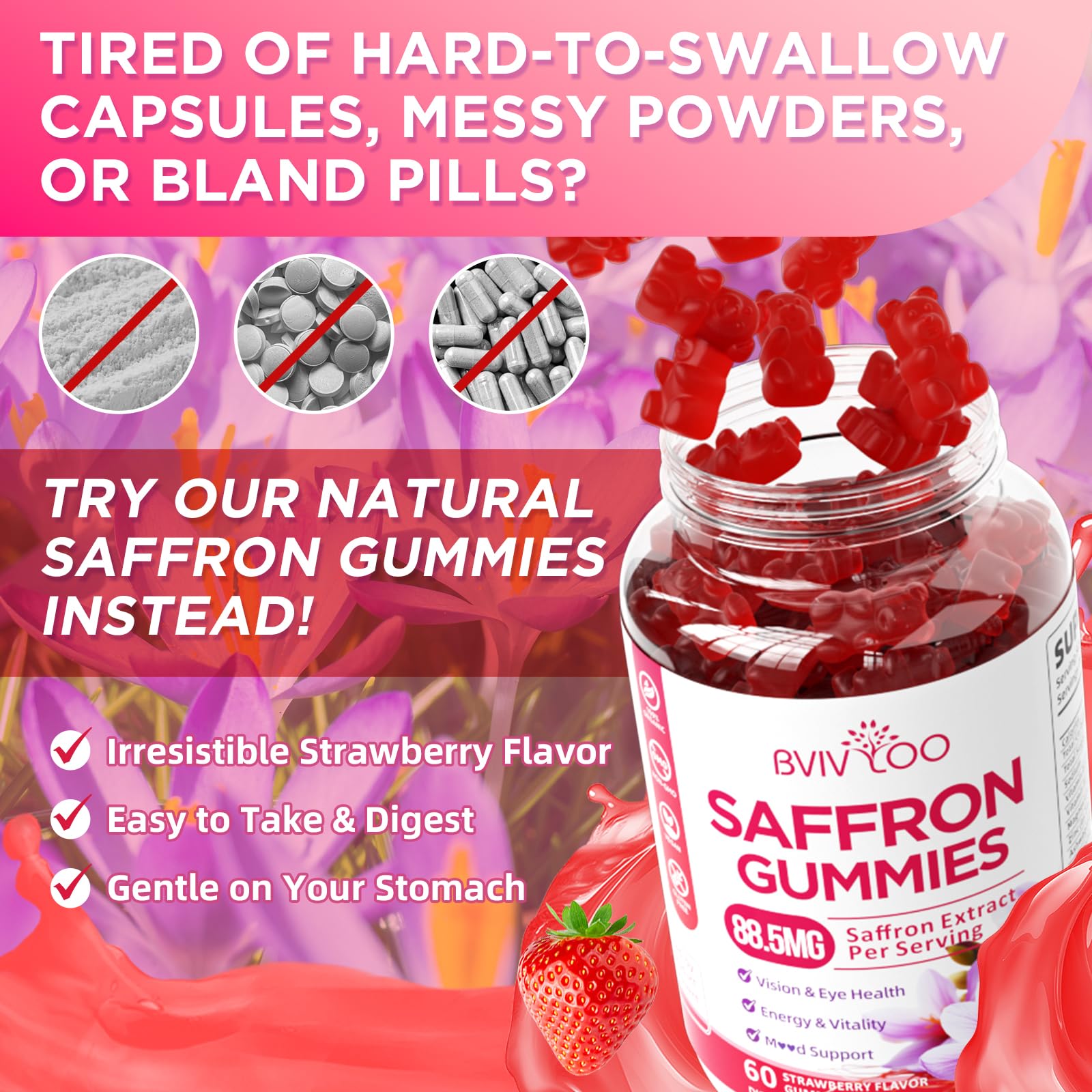 Saffron Gummies for Adult Kids, 10-IN-1 Formula with Saffron 88.5mg, Vitamins D3 & B6, Magnesium, Zinc, Ashwagandha, L-Theanine, St. John's Wort - Supports Mood & Focus, Strawberry Flavor, 60 Count BVIVLOO uk supplements