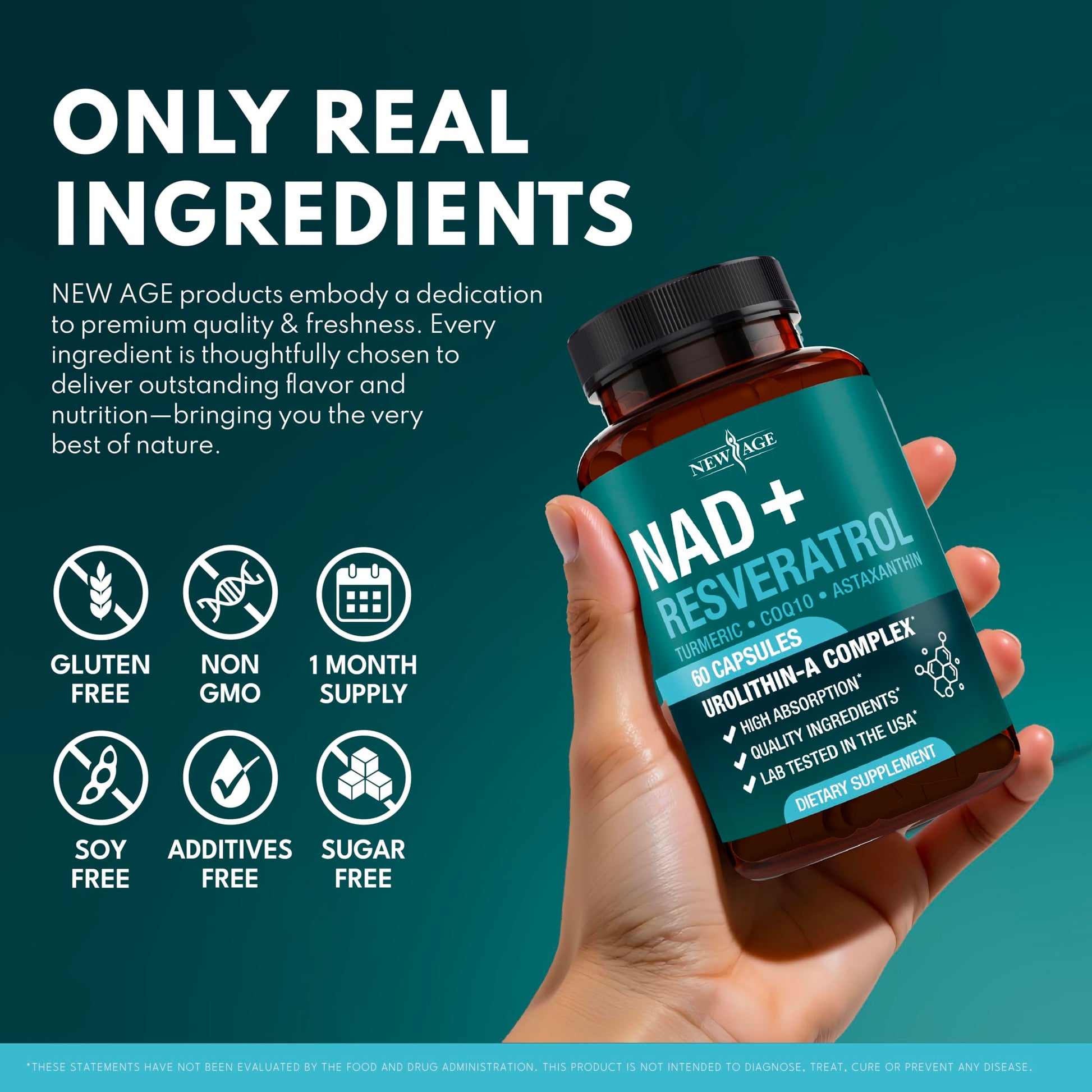 NEW AGE NAD+ Supplement Complex – NAD+ 300 mg with Astaxanthin, Urolithin A, Resveratrol, CoQ10 & Antioxidant Blend – Cellular Energy, Support or Women & Men – Vegan, Non-GMO- 120 Count NEW AGE uk supplements