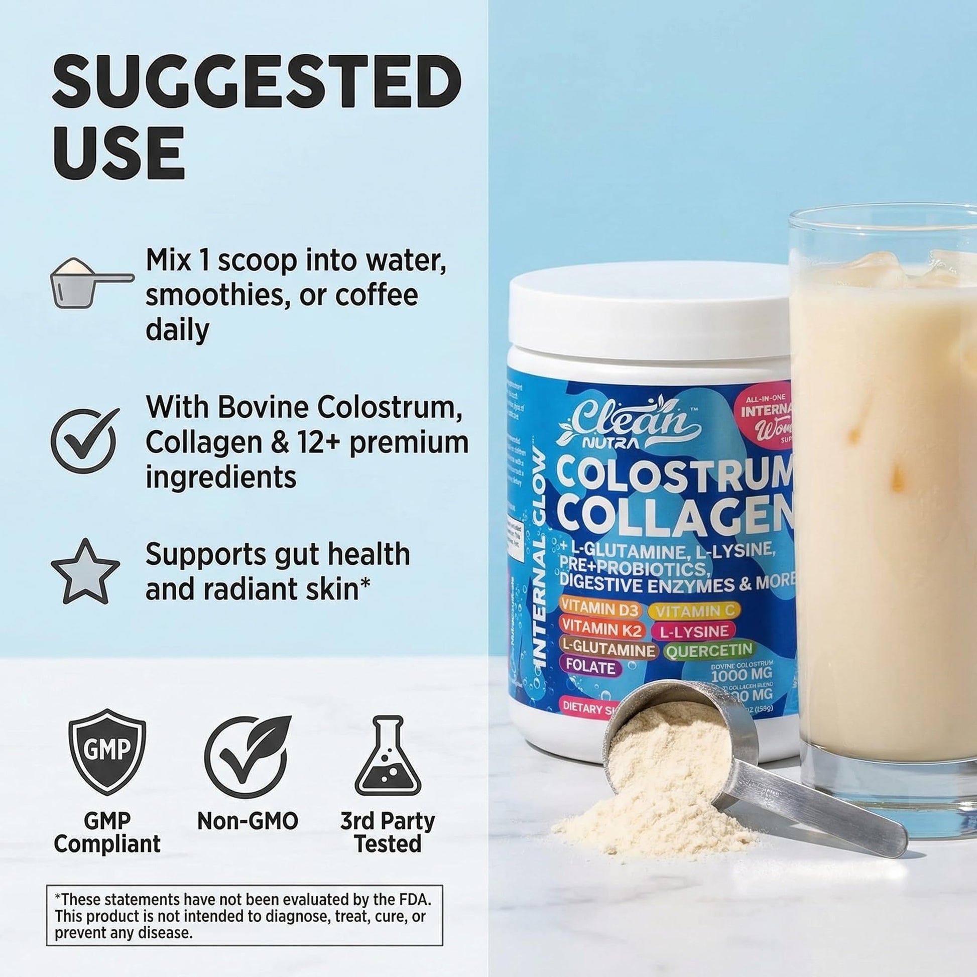 Bovine Colostrum Powder + Collagen Peptides with L-Glutamine L-Lysine Prebiotics Probiotics Digestive Enzymes Vitamin D K2 C Quercetin & Folate | Gut Health Supplement Internal Glow By Clean Nutra Clean Nutraceuticals uk supplements