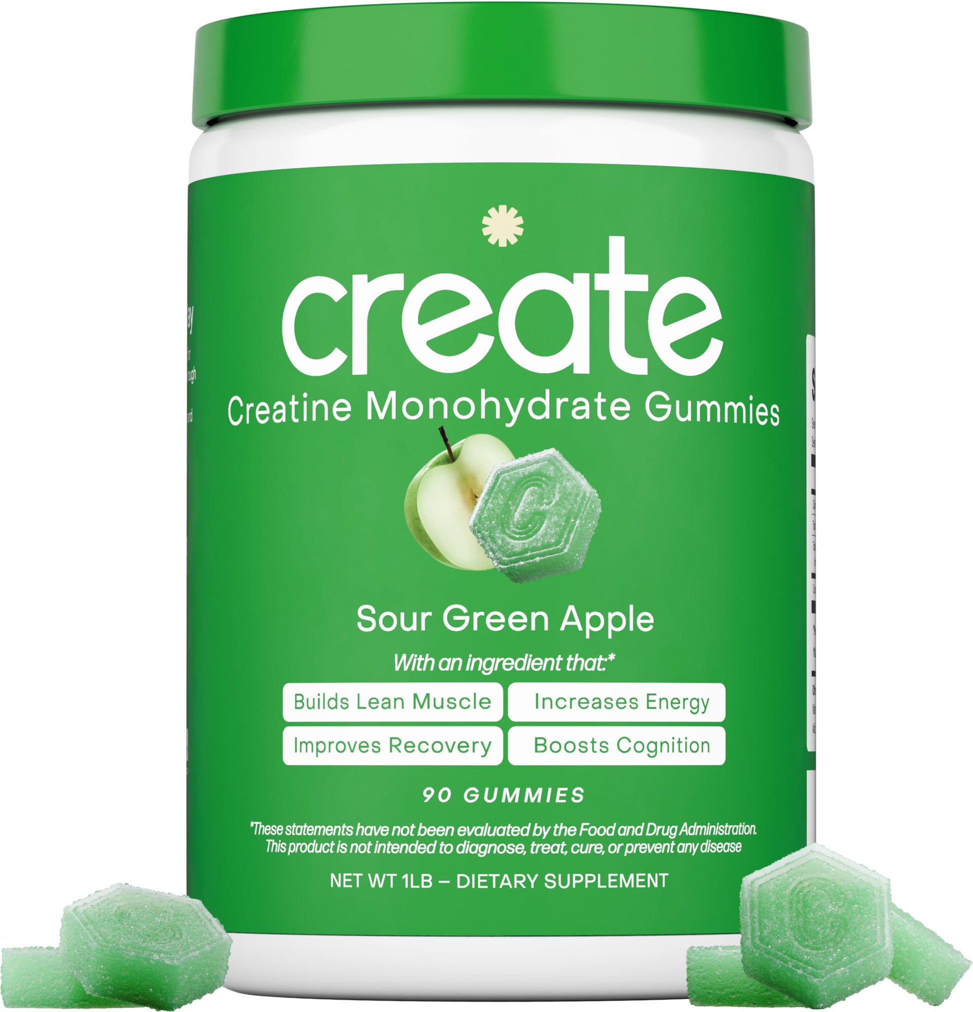 Create Creatine Monohydrate Gummies for Men & Women, Boost Focus, Strength, and Endurance, Anti-Melting Formula, Vegan, Gluten-Free, Non-GMO, 1.5g of Creatine per Gummy (Sour Green Apple) Create uk supplements