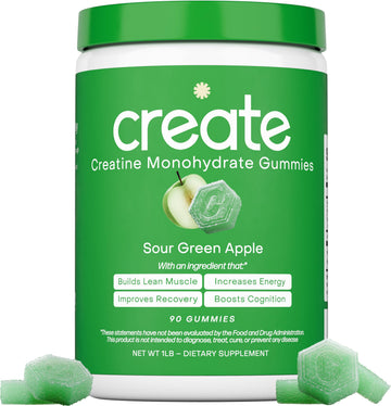 Create Creatine Monohydrate Gummies for Men & Women, Boost Focus, Strength, and Endurance, Anti-Melting Formula, Vegan, Gluten-Free, Non-GMO, 1.5g of Creatine per Gummy (Sour Green Apple) Create uk supplements