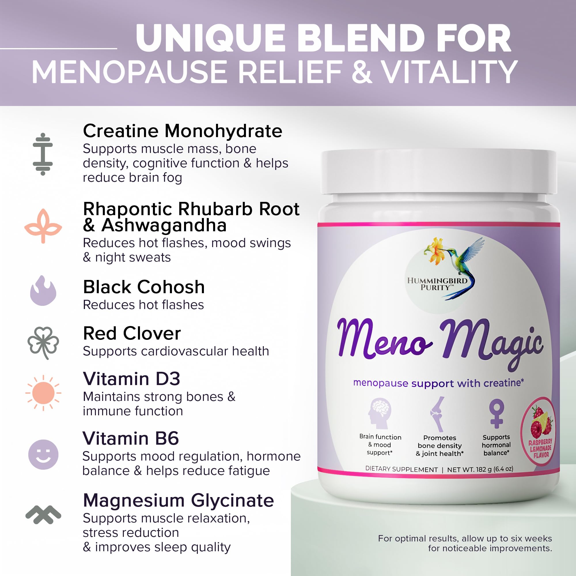 Meno Magic Menopause Support Drink – Raspberry Lemonade with Creatine, Herbs & Vitamins | 30 Servings Hummingbird Purity uk supplements