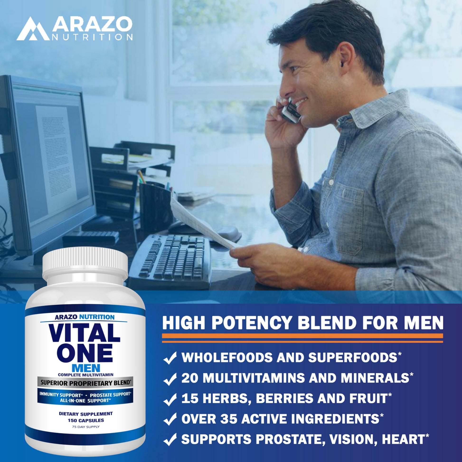Arazo Nutrition Vital One Multivitamin for Men – Daily Wholefood Supplement - 150 Vegan Arazo Nutrition uk supplements