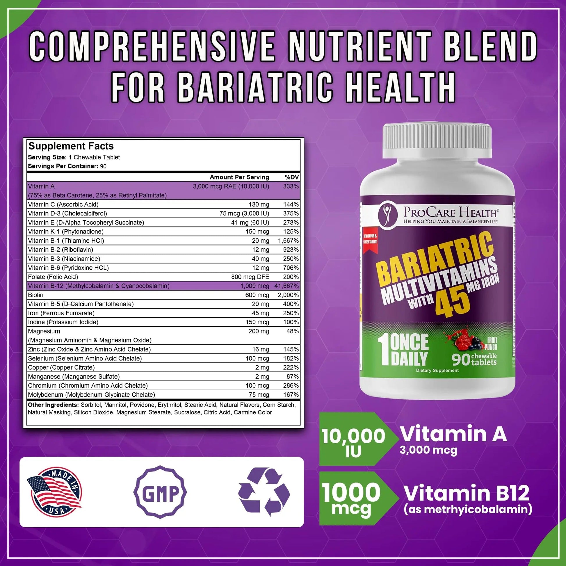 Procare Health Bariatric Multivitamin with Iron 45mg Chewable (90 Tablets) - Fruit Punch Flavor Bariatric Multivitamin Chewable Pills for Gastric Bypass ProCare Health uk supplements