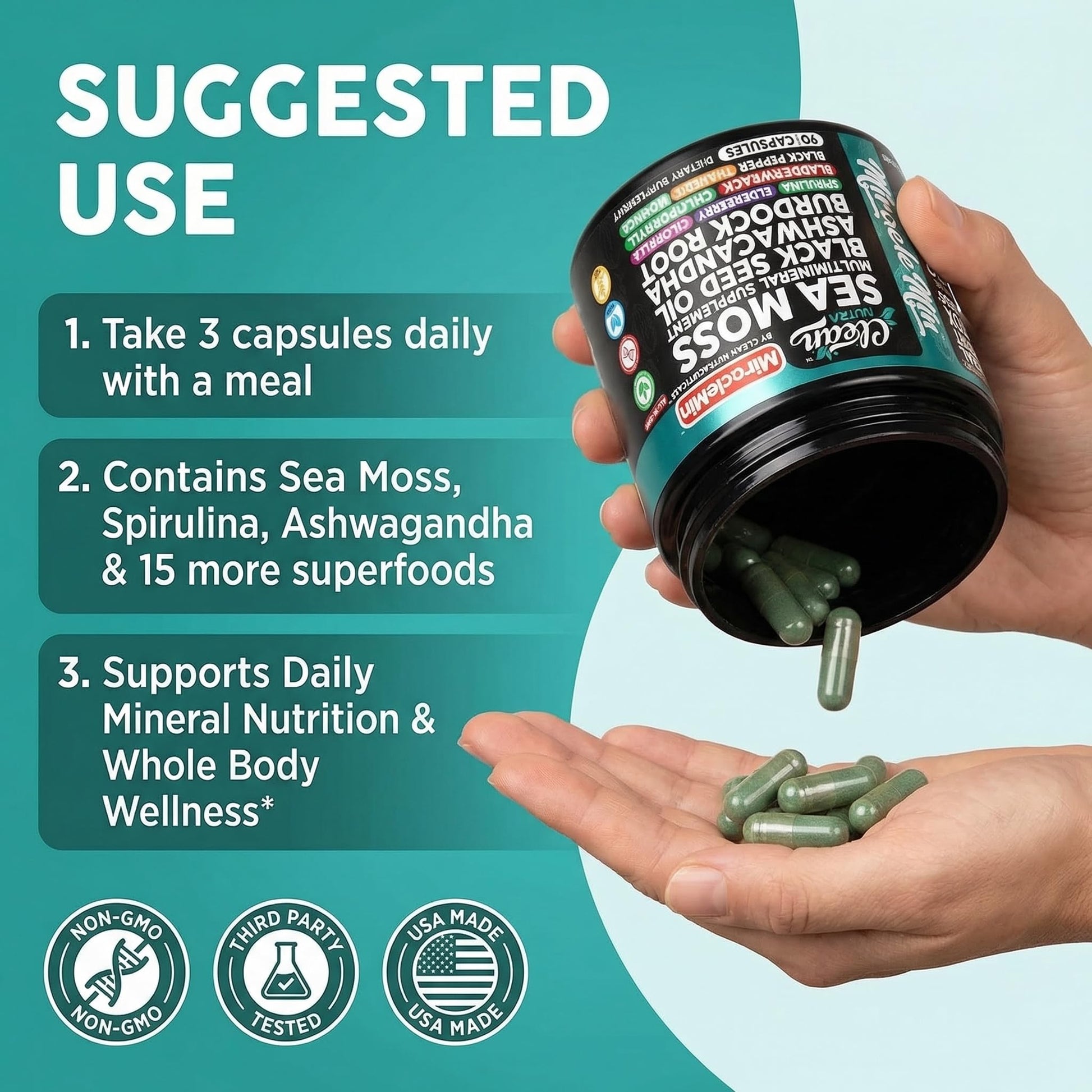 Clean Nutra Organic Sea Moss Capsules with Ashwagandha, Black Seed Oil, Burdock Root, Bladderwrack, Moringa, Chlorella, Spirulina, Turmeric, Elderberry, Amla – 90 Vegan Capsules – MiracleMin Clean Nutraceuticals uk supplements