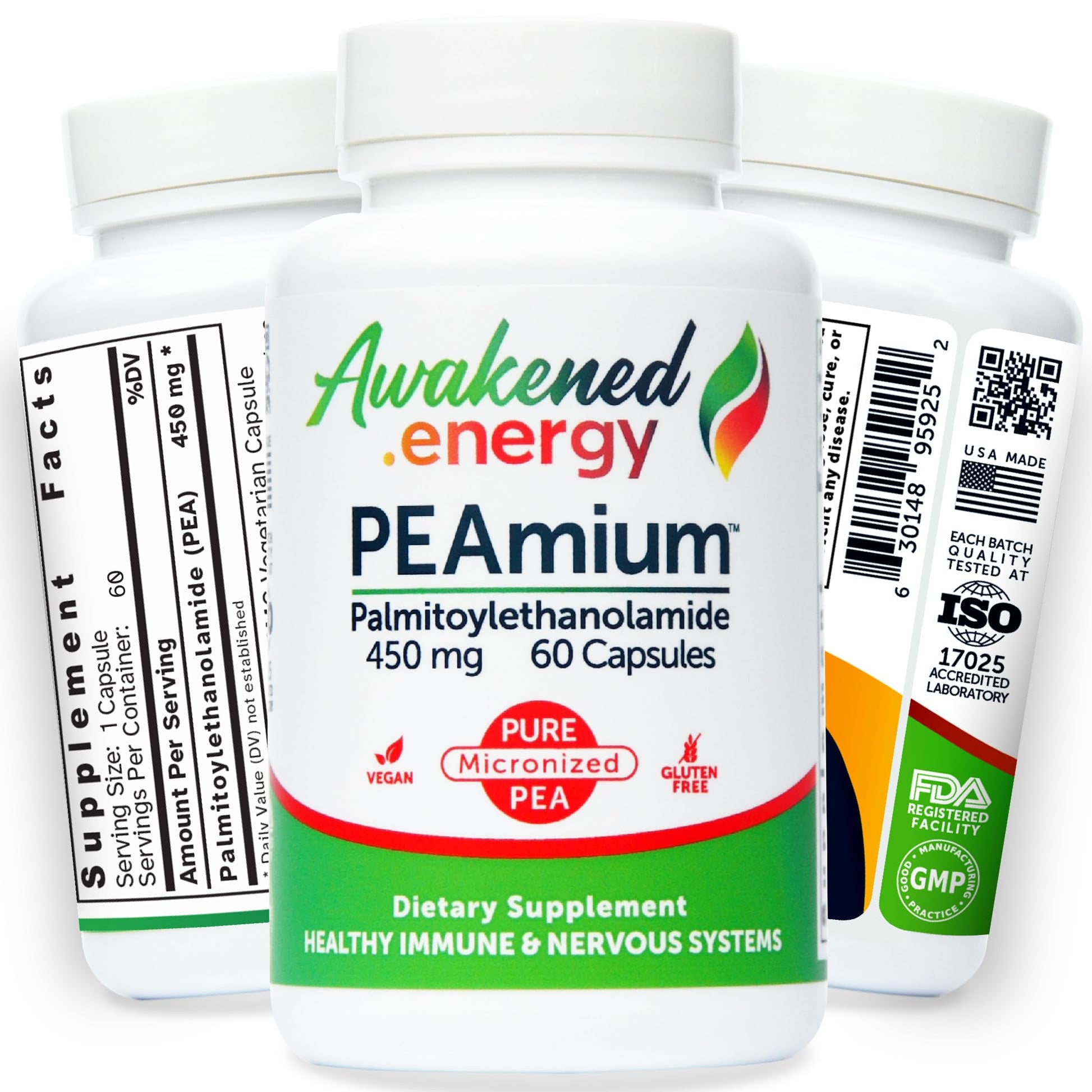 Palmitoylethanolamide 450mg Comfort Mobility Nerves Cognitive & Immune Support - Micronized High Absorption - All Natural Pea - USA Made - No Additives or Excipients – 60 Vegan Capsules Supplement Awakened.energy uk supplements