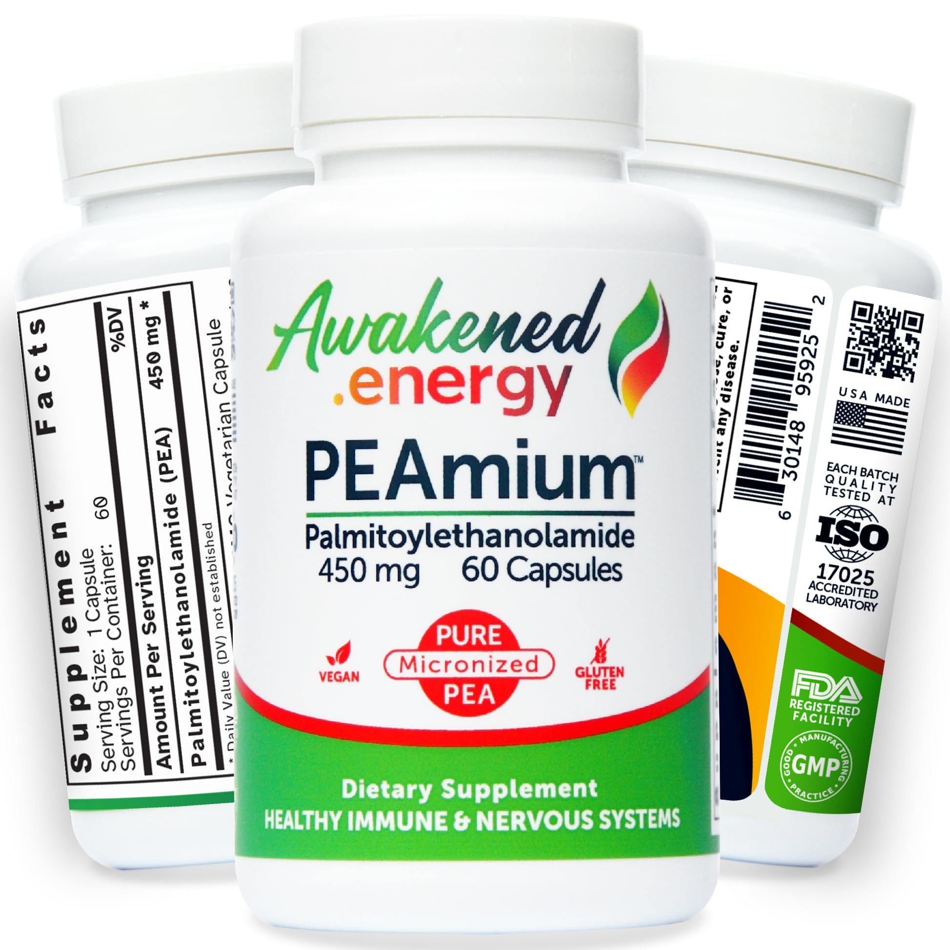 Palmitoylethanolamide 450mg Comfort Mobility Nerves Cognitive & Immune Support - Micronized High Absorption - All Natural Pea - USA Made - No Additives or Excipients – 60 Vegan Capsules Supplement Awakened.energy uk supplements