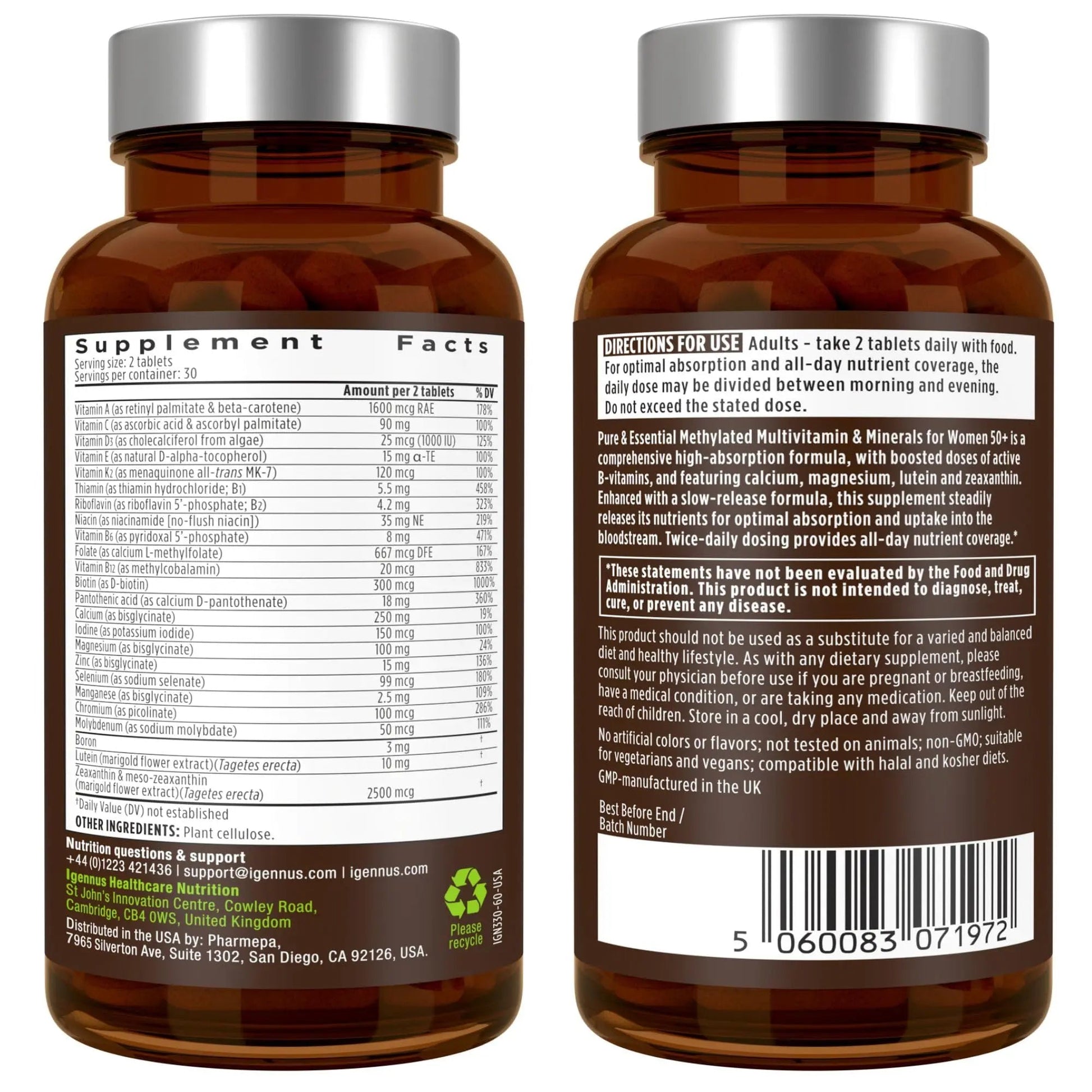 Igennus Methylated Women's 50+ Multivitamin with Calcium & Magnesium, Pure & Clean, All-Day Nutrient Delivery with High-Strength B-Vitamins Igennus Healthcare Nutrition uk supplements