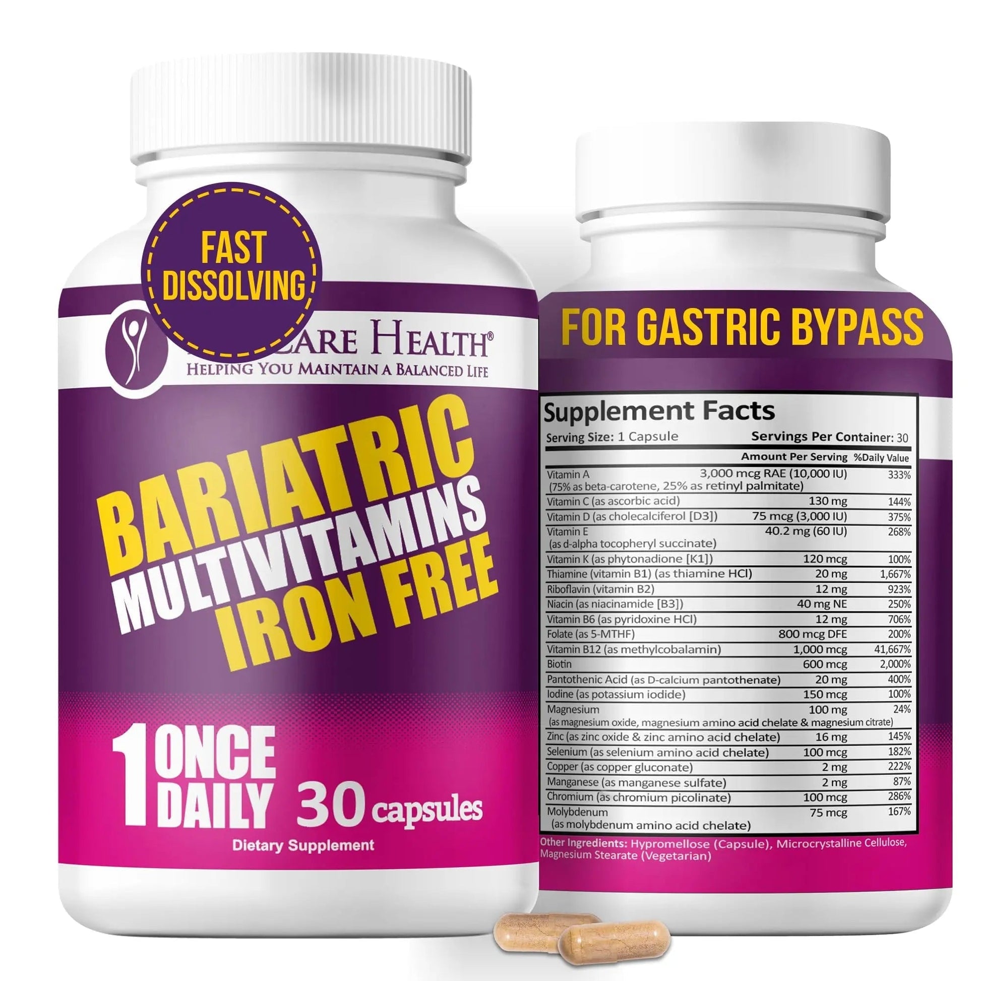 Procare Health Bariatric Multivitamin with Iron Free (30 Fast Dissolving Veggie Capsule) - Bariatric Vitamins for Gastric Sleeve & Gastric Bypass ProCare Health uk supplements