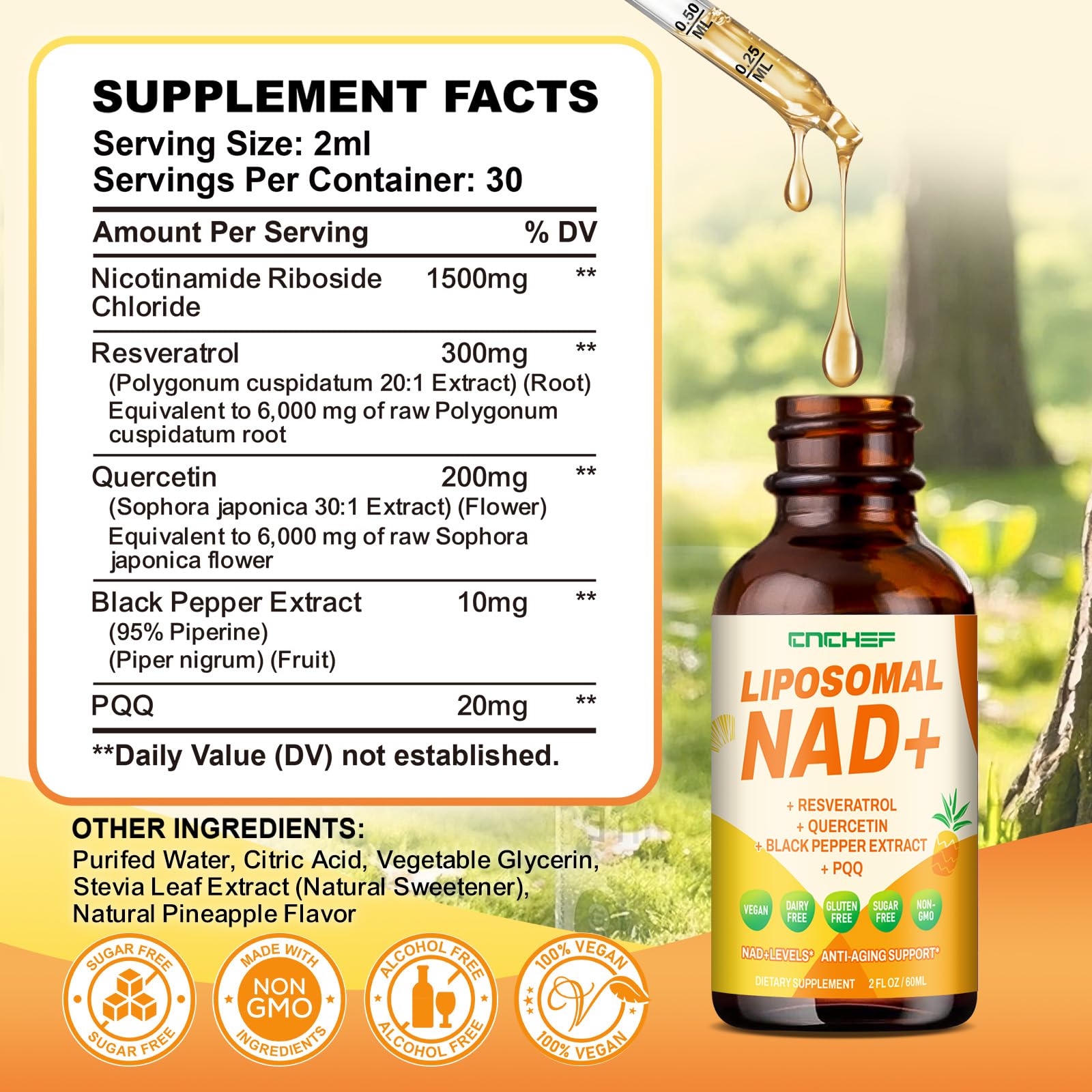 CNCHEF Liposomal NAD Supplement - 1500mg NAD+ Liquid Drop for Women & Men Nicotinamide Riboside Chloride & Resveratrol Complex - Cellular Renewal, Anti-Aging Support - 30 Servings (2 fl oz) CNCHEF uk supplements