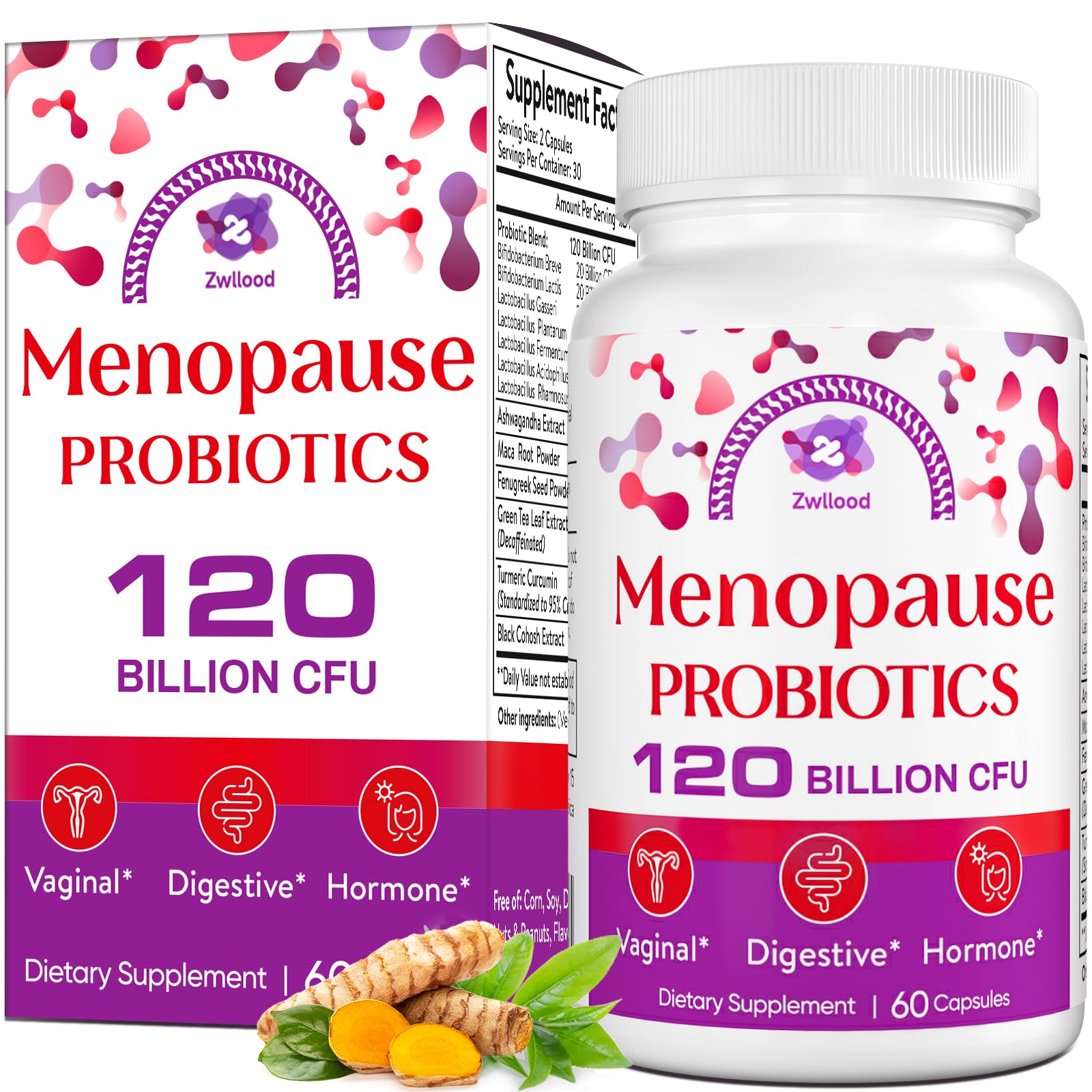 Menopause Supplements for Women, 120 Billion CFU Menopause Probiotics for Women, All-Natural Probiotic for Hot Flashes Menopause, Night Sweats, Mood Swings, Gut and Hormone - 60 Herbal Capsules Zwllood uk supplements