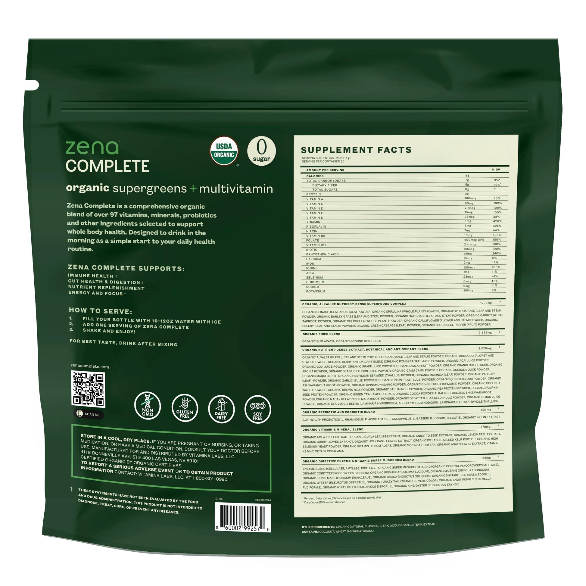 Zena Complete Organic Super Greens Powder & Multivitamin, 90+ Supergreens, Fruits, Veggies, Pre & Probiotics, Watermelon Citrus Flavor Zena Nutrition uk supplements