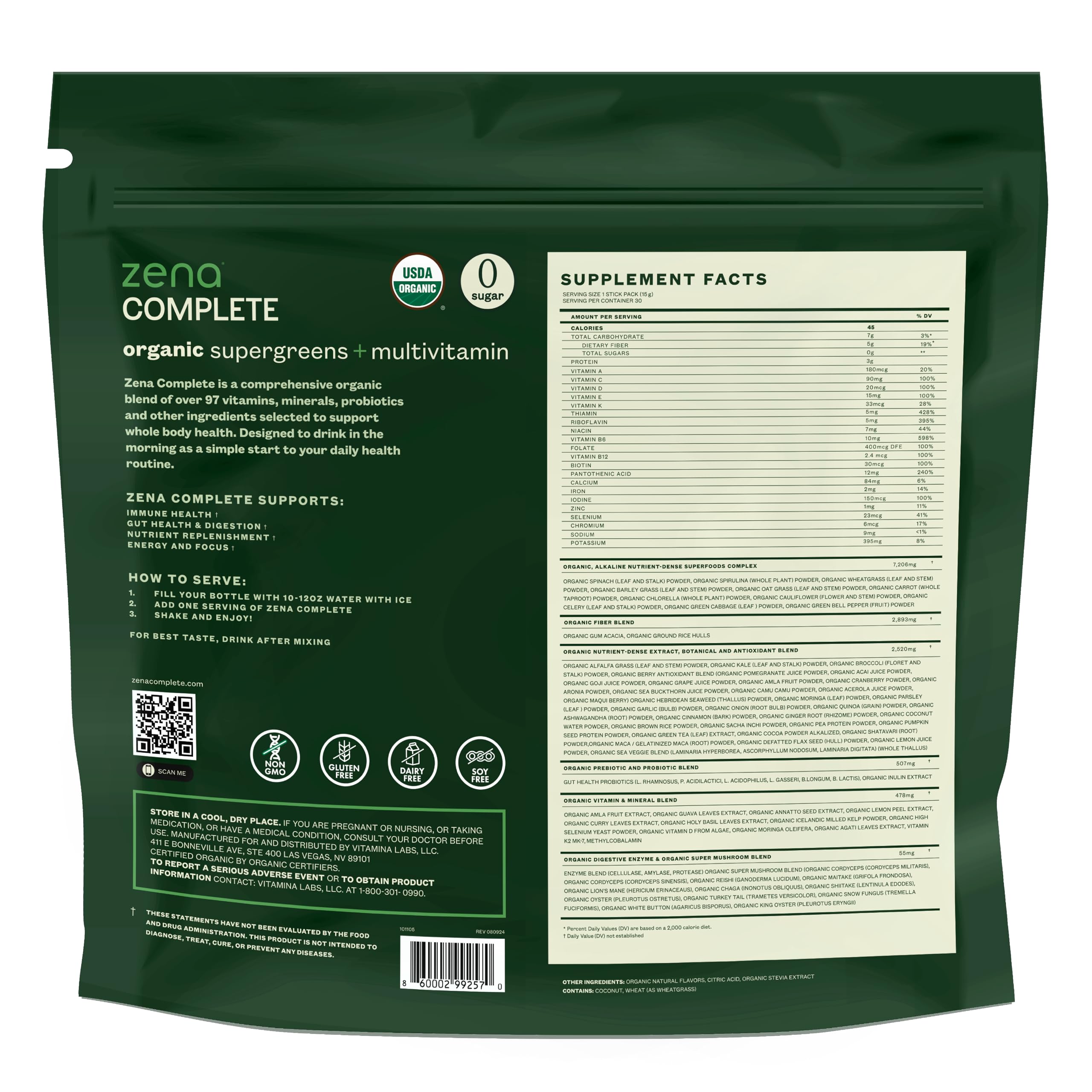 Zena Complete Organic Super Greens Powder & Multivitamin, 90+ Supergreens, Fruits, Veggies, Pre & Probiotics, Watermelon Citrus Flavor Zena Nutrition uk supplements