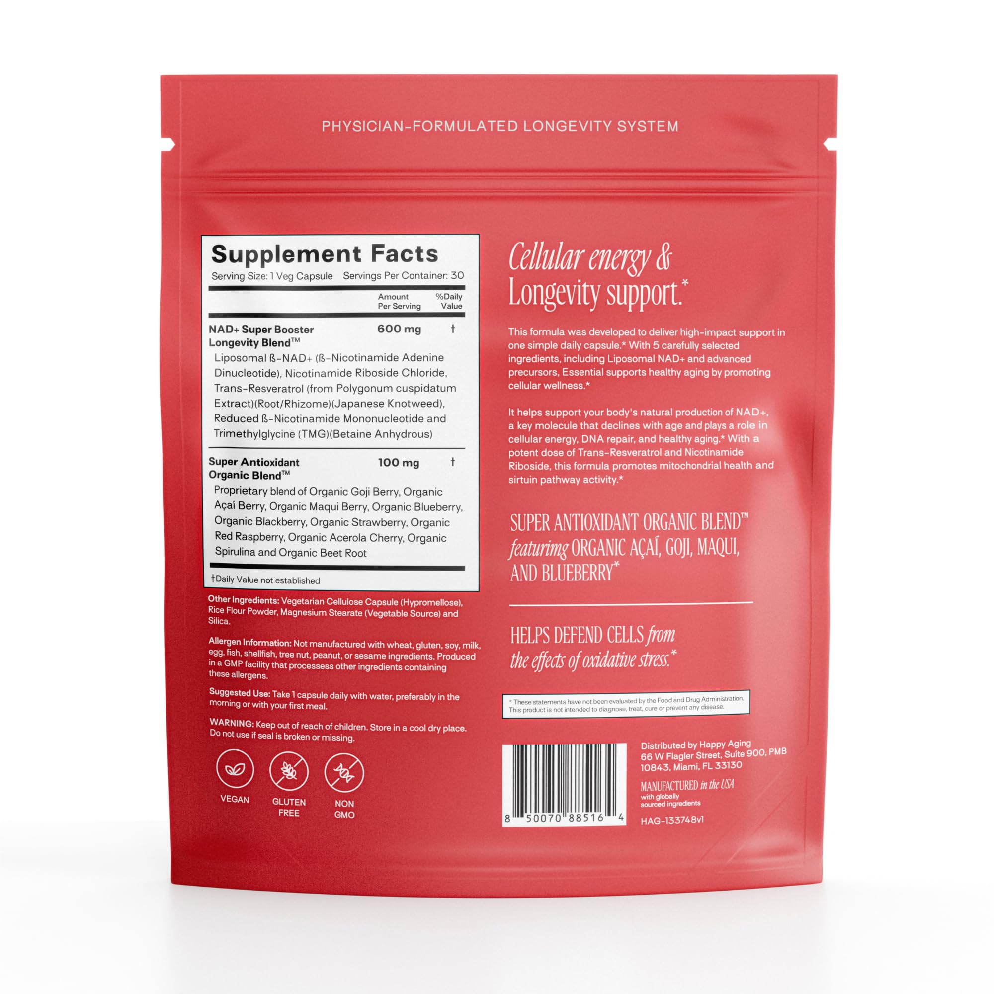 Happy Aging Essential Longevity Formula, NAD+ Super Booster with NR, NMNH & Liposomal β-NAD+, Organic Antioxidant Superfruit Blend for Cellular Energy, Skin Hydration & Daily Vitality, 30 Capsules Happy Aging uk supplements