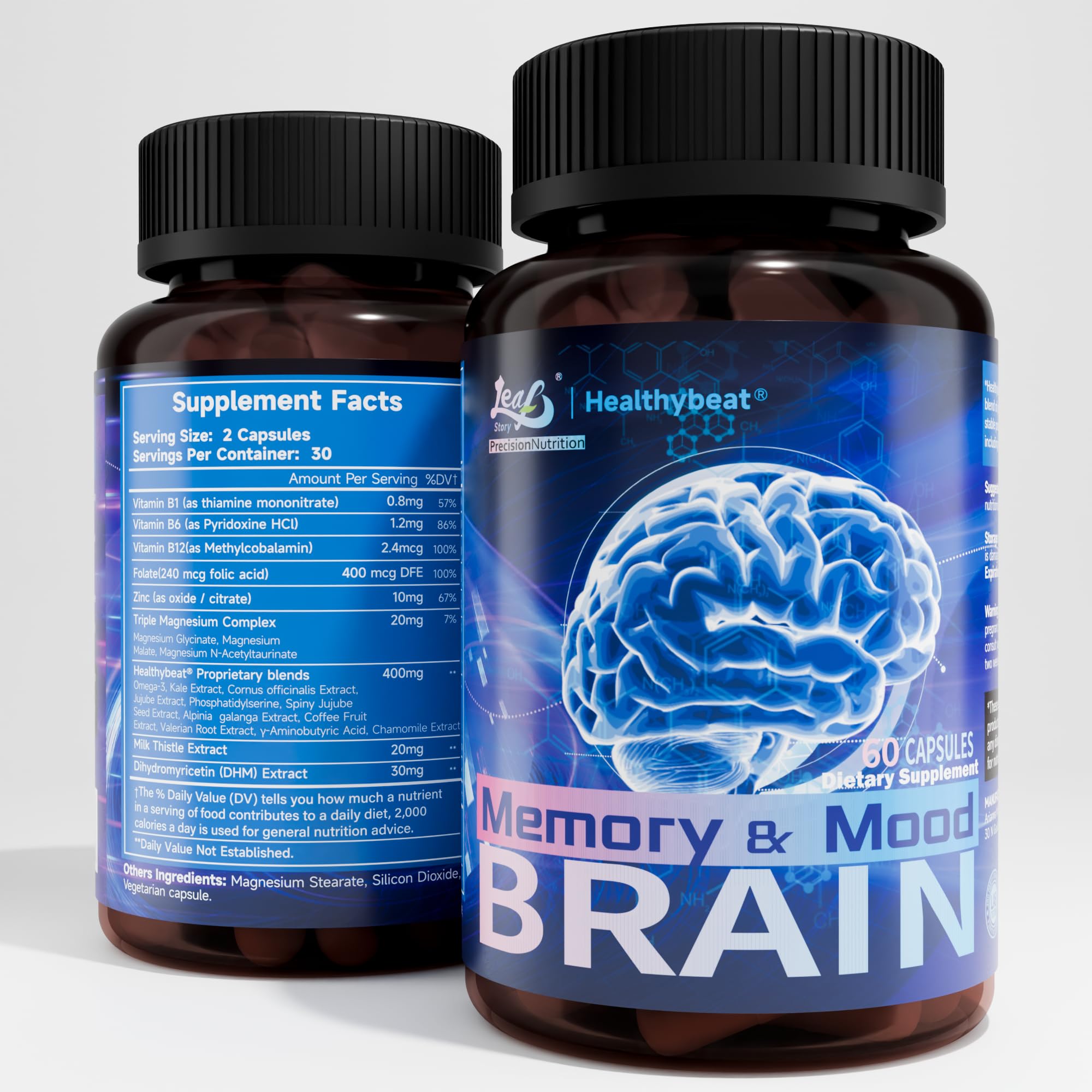 LeafStory Nootropic Brain Supplements for Memory and Focus, Cognitive Function for Mental Health & Clarity, Vitamin B6 B12, Folate & Dihydromyricetin, 60 Capsules LeafStory uk supplements