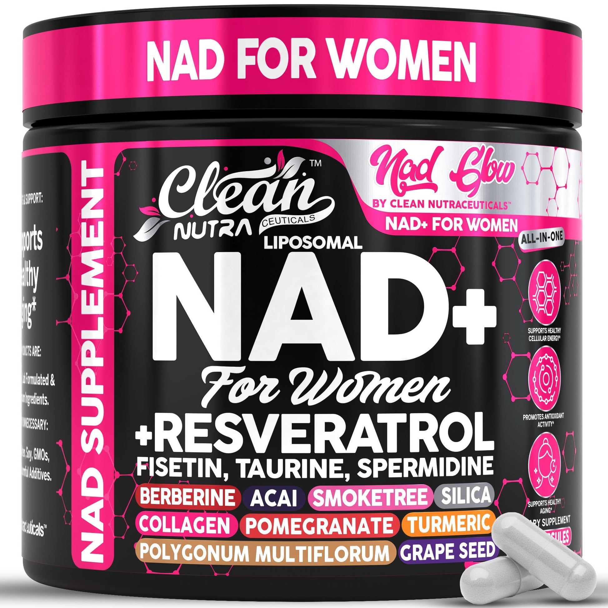 NAD+ Resveratrol Supplement for Women NAD Turmeric Vitamin C Acai Pomegranate Collagen Peptides Nicotinamide Riboside Fisetin Vitamin E Polygonum Multiflorum Berberine 90 Capsules by Clean Nutra Clean Nutraceuticals uk supplements