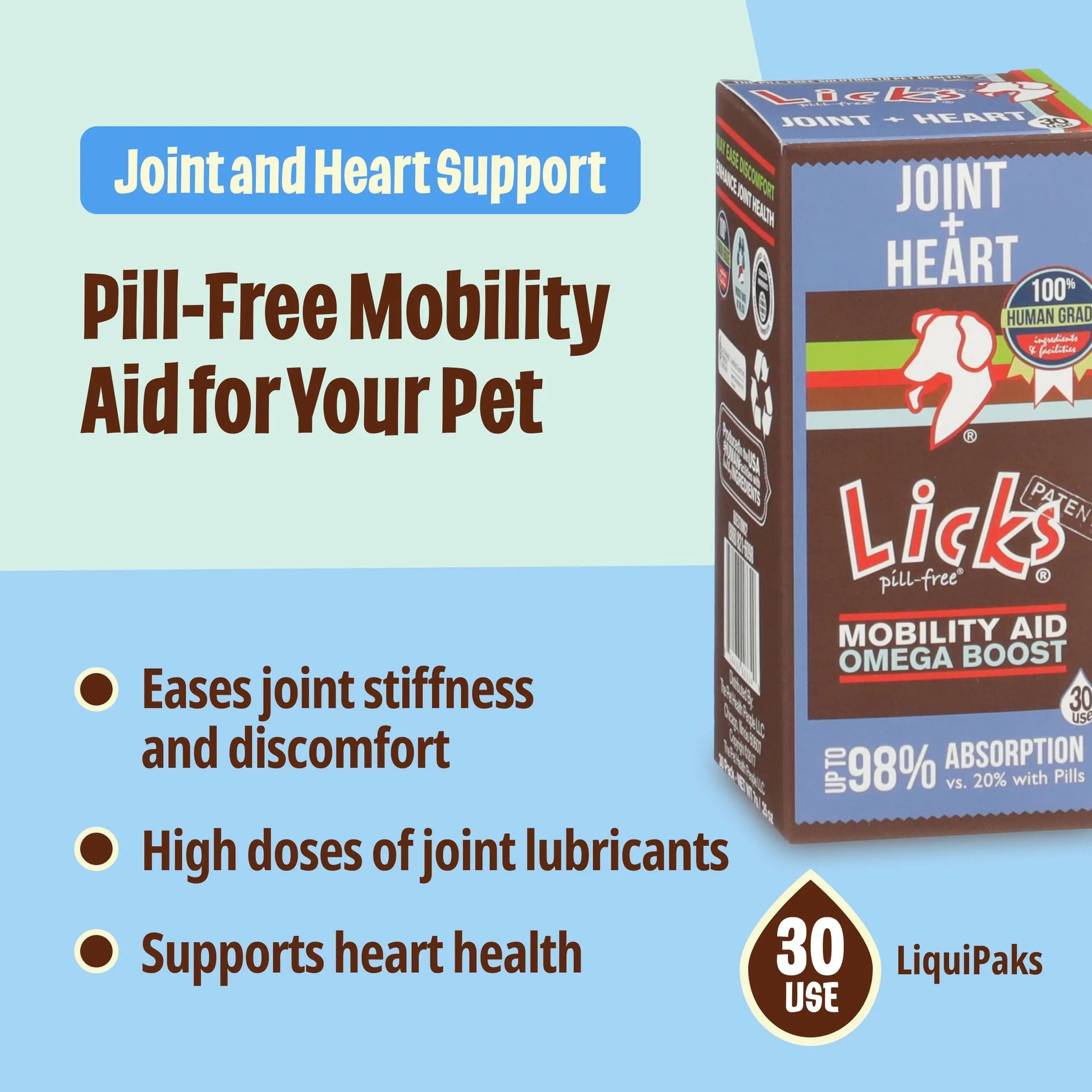 Licks Pill-Free Dog Joint and Heart - Glucosamine & Omega 3 Fish Oil Supplement for Dogs - Inflammation Supplements for Joint Support - Gel Packets - 30 Use Licks Pill Free uk supplements