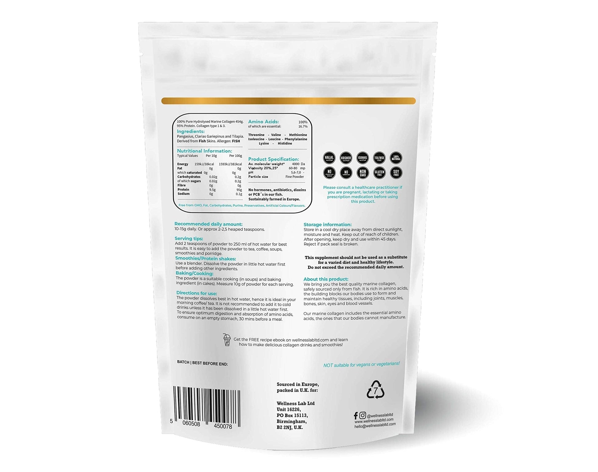 Cleanest Marine Collagen Peptides | Wellness Lab 454g | Type I,III | Highest Bioavailability Hydrolysed Protein Wellness Lab uk supplements