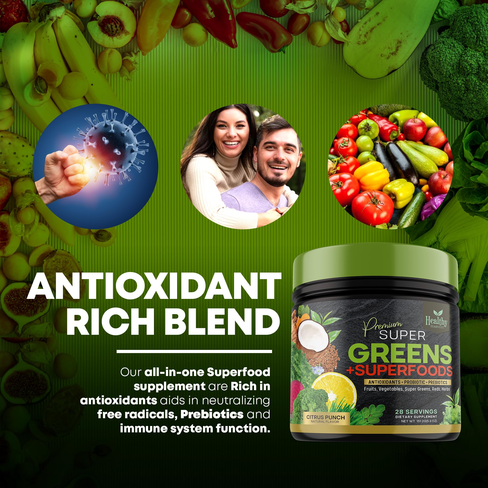 Greens Powder Superfood Supplement - Super Green Reds Smoothie Mix Blend with Spirulina Healthy Harvest Nutrition uk supplements
