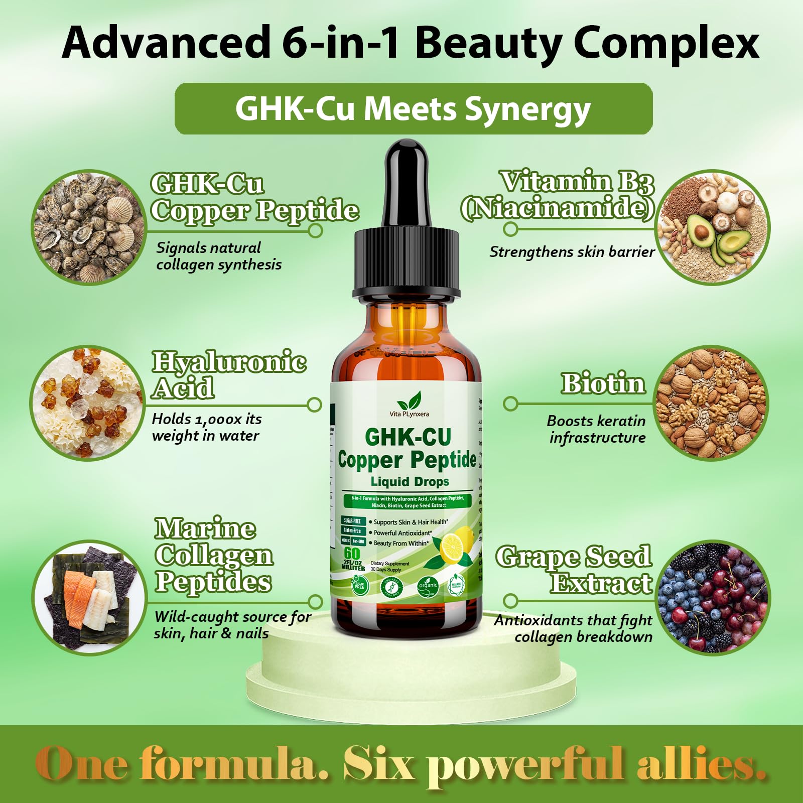 Vita PLynxera GHK-CU Peptide Supplement Liquid Drops, Premium 6-in-1 GHK CU Copper Peptides w. Marine Collagen Hyaluronic Acid Biotin for Anti-Aging, Skin Hair Growth Support, Oral Drops丨Women Men Vita PLynxera uk supplements