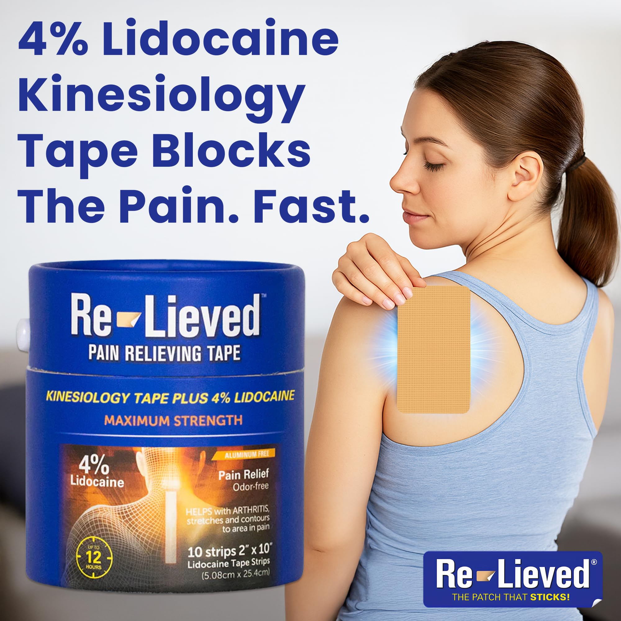 4% Lidocaine Maximum Strength Pain Relief Kinesiology Tape - Relieves Back, Joints and Muscle Pains - Superior Sticking, Aluminum-Free Water Resistant, and USA Made - 2" x 10" Strips Re-lieved uk supplements