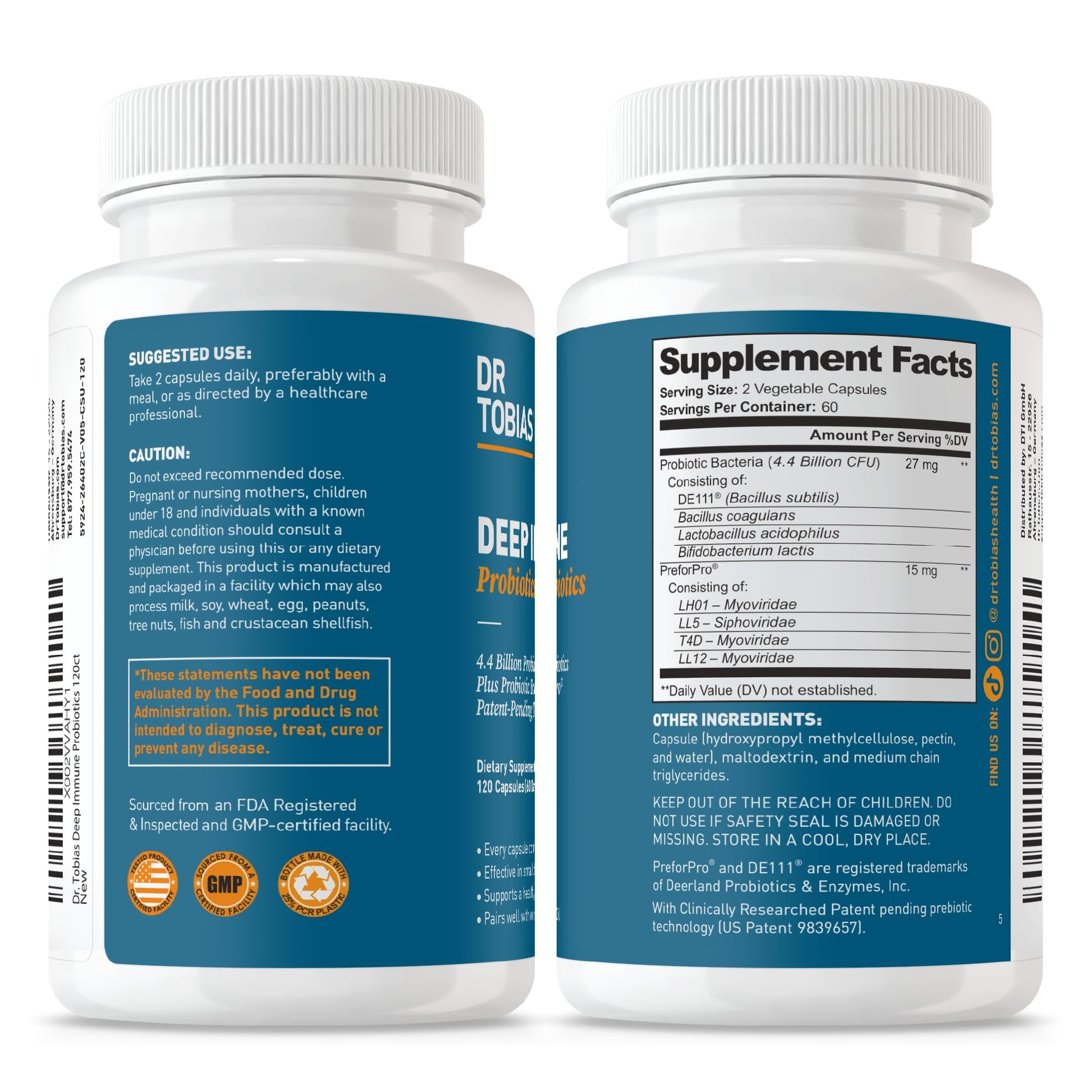 Dr. Tobias Deep Immune Probiotics & Prebiotics - Dual Action Digestion & Immune Support with PreforPro Prebiotics & Spore Forming Probiotics for Women & Men - 120 Capsules (60 Servings) Dr. Tobias uk supplements
