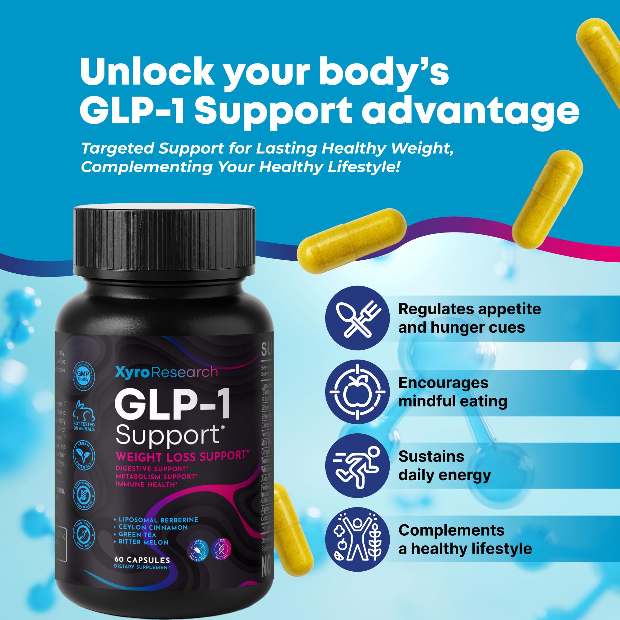 Xyro Research GLP-1 Support Weight Loss Supplement - Appetite Suppressant & Metabolism Booster to Support Natural Hunger Control Curb Cravings Burn Fat & Gut Wellness Xyro Research uk supplements