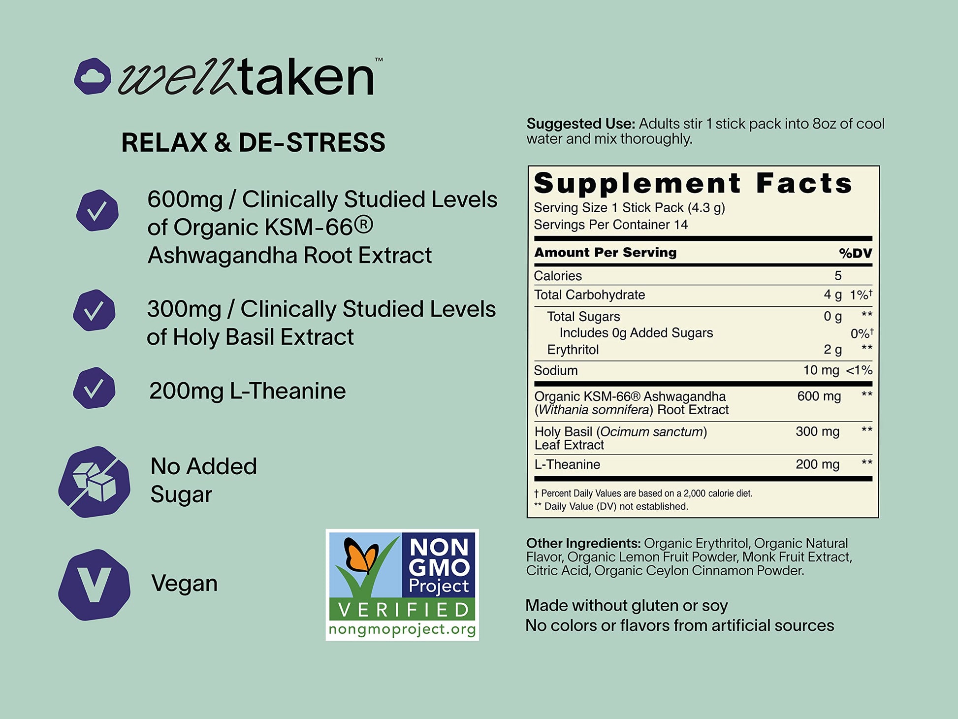 WellTaken Ashwagandha Relax & De-Stress Powder - Lemon Lavender 14ct Box - 600mg Ashwagandha, 200mg L-Theanine, Holy Basil – Supports Stress, Relaxation – Vegan, No Added Sugar - 14 Servings WellTaken uk supplements