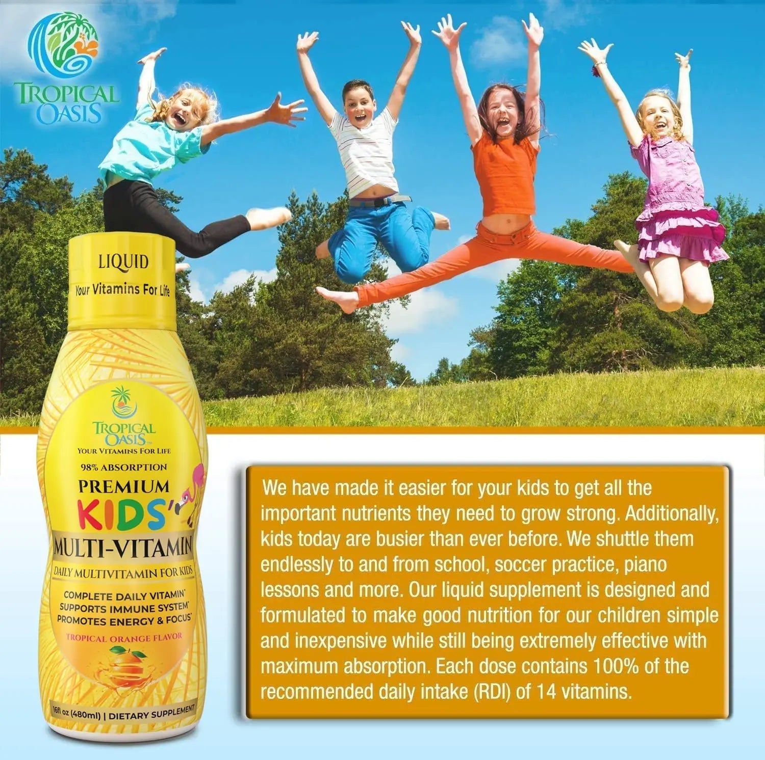 Premium Liquid Multivitamin For Kids | Sugar Free Kids Vitamins | 100% DV of 14 Vitamins for Kids | Multivitamin for Children Ages 4+ | Tropical Oasis uk supplements