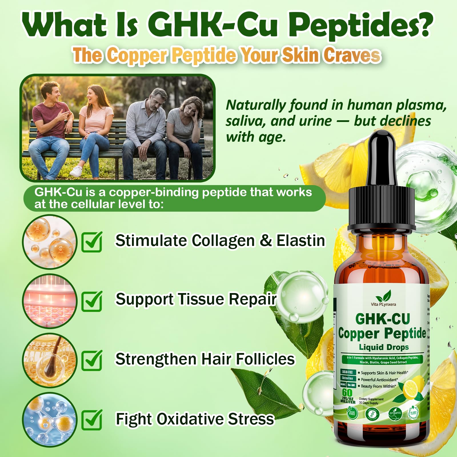 Vita PLynxera GHK-CU Peptide Supplement Liquid Drops, Premium 6-in-1 GHK CU Copper Peptides w. Marine Collagen Hyaluronic Acid Biotin for Anti-Aging, Skin Hair Growth Support, Oral Drops丨Women Men Vita PLynxera uk supplements