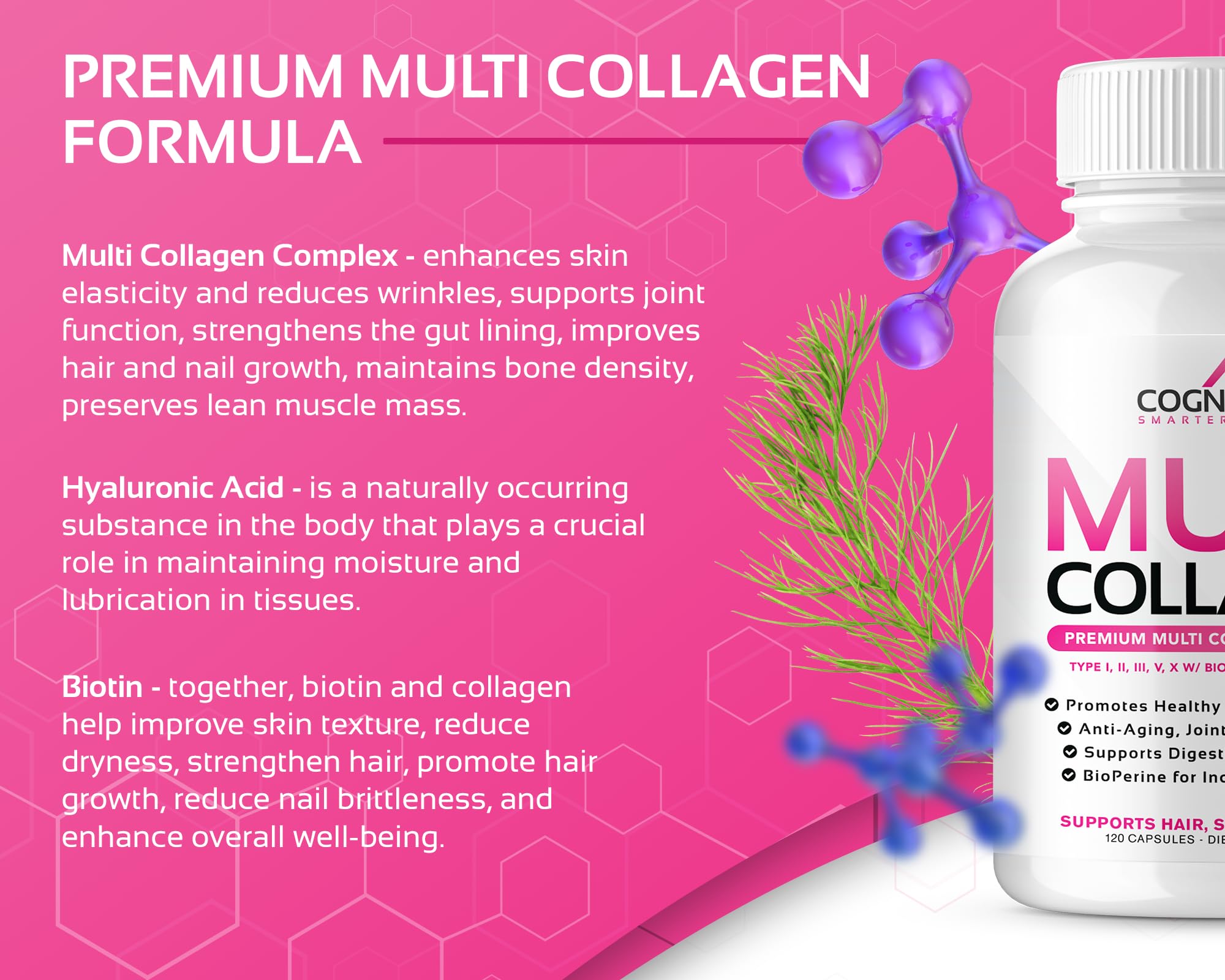 CogniTune Multi Collagen Peptides for Women with Biotin, Hyaluronic Acid, Vitamin C - 5 Types I II III V X Colageno Hidrolizado - 2000mg Hair Skin Nails Joints Support - 120 Capsules CogniTune uk supplements