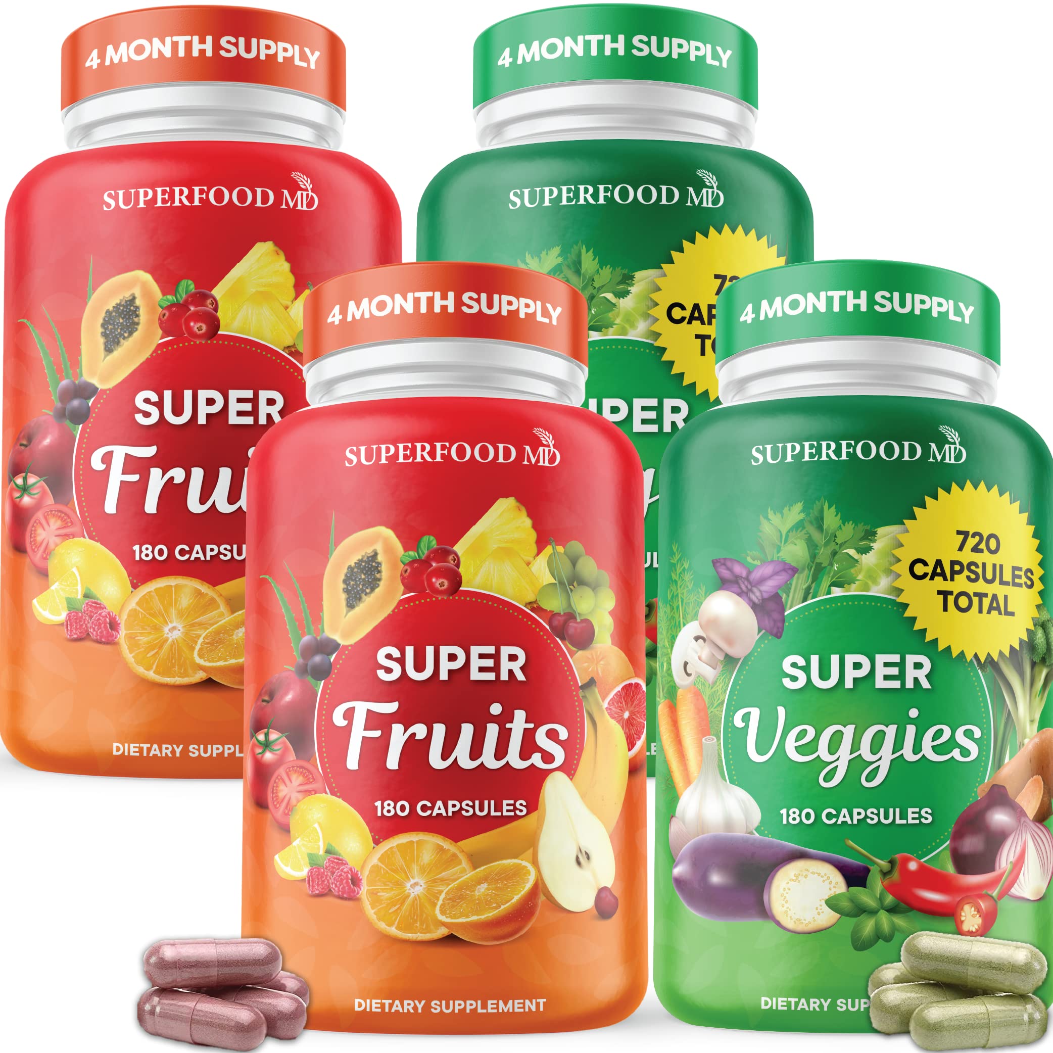 Superfood Fruit and Veggie Supplement - Fruit and Veggie Capsules 100% Whole Super Fruits and Super Vegetables Supplements & Vitamins, with Beta Carotene (720 Count (Pack of 4)) Superfood MD uk supplements