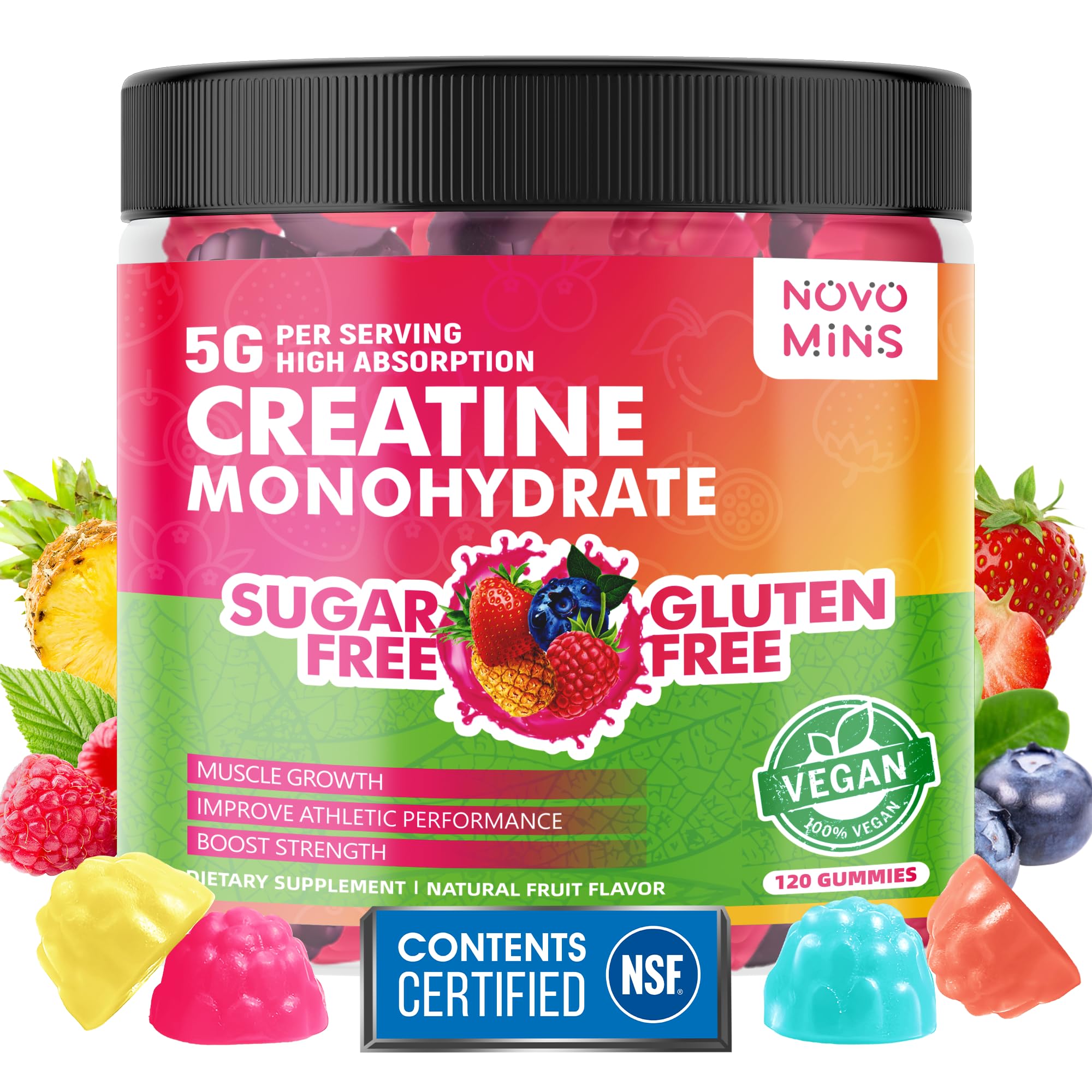 NSF Certified Creatine Gummy - Creatine Monohydrate Gummies 5000mg for Men & Women, Chewables Creatine Monohydrate for Muscle Strength, Muscle Builder, Energy Boost, Pre-Workout Supplement(120 Count) novomins uk supplements