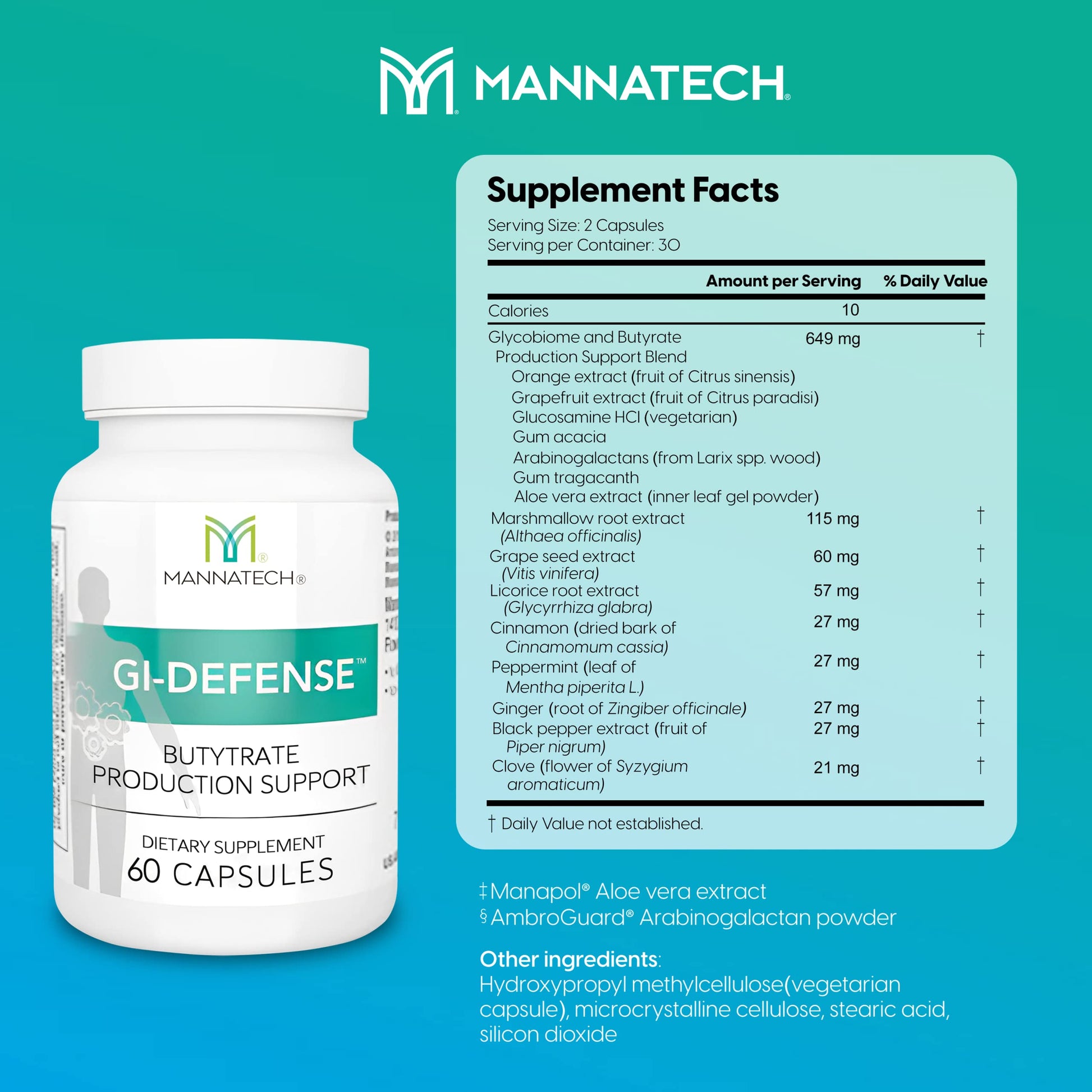 Mannatech Butyrate Supplement - Supports Gut Barrier Function, Intestinal Health, and Digestive Comfort - Promotes Short Chain Fatty Acid Production, Immune Support Supplement GI-Defense 60 Capsules Mannatech uk supplements