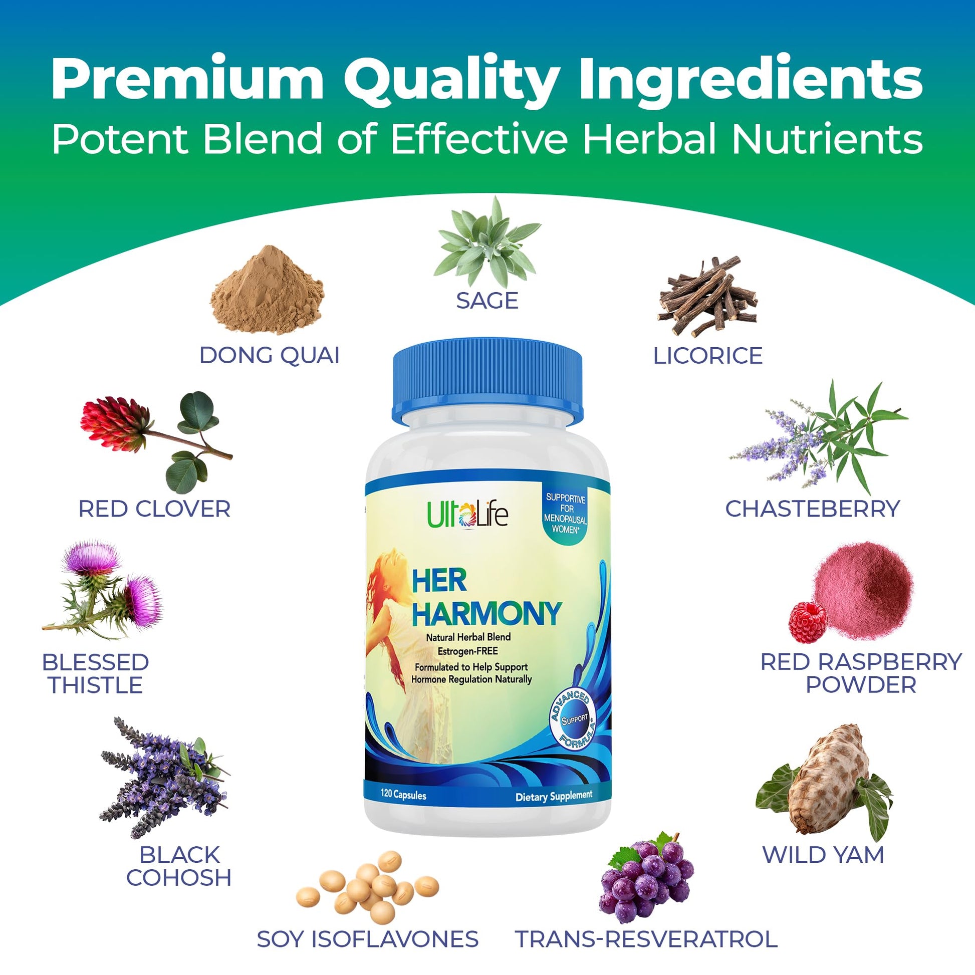 UltaLife Her Harmony Menopause Supplements for Women - Hot Flashes Menopause Relief & Hormone Balance for Women - Contains Black Cohosh, Dong Quai, Red Clover & More - Estrogen Free - 120 Capsules ULTALIFE uk supplements