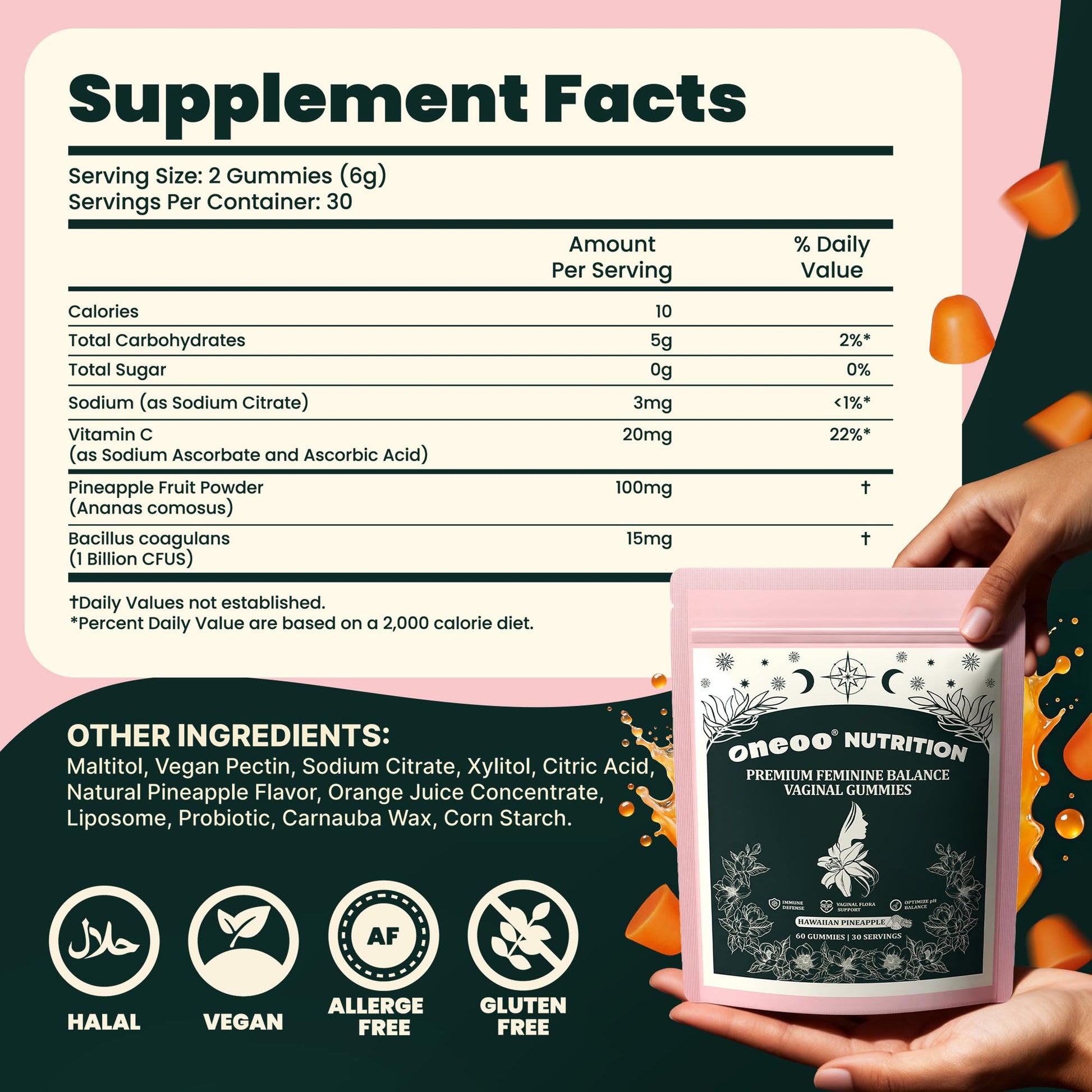 Oneoo Feminine Balance Gummies - Premium Balance Gummies for Women's pH Health, Feminine Gummy for Immune & Energy Support, Vegan, Gluten-Free, Hawaiian Pineapple, 60 Count Oneoo uk supplements