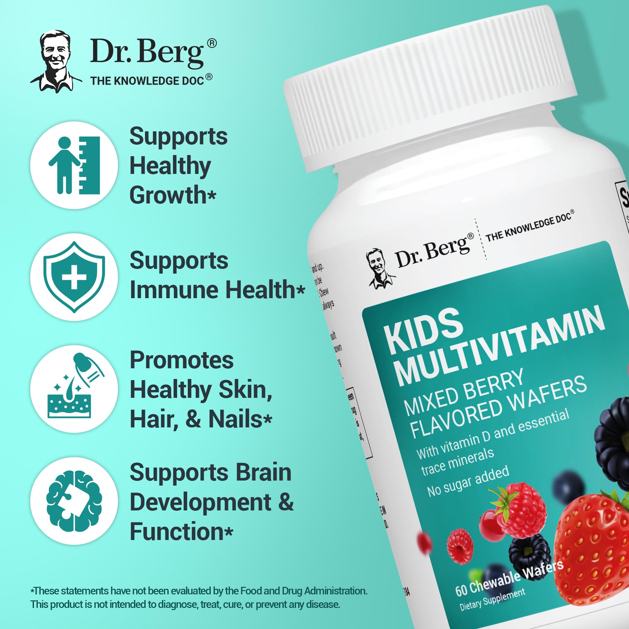 Dr. Berg Kids Chewable Multivitamins (NOT Sweetened w/Sugar) - Daily Multivitamin for Kids that Includes 20 Nutrients & Trace Mineral Complex - Mixed Berry Chewable Vitamins for Kid - Red Wafers Dr. Berg Nutritionals uk supplements